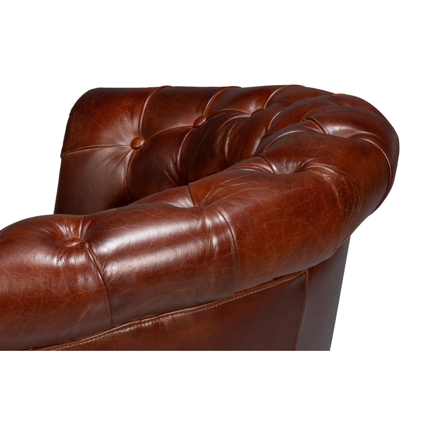 Pair of Brown Leather Barrel Back Chairs For Sale 2