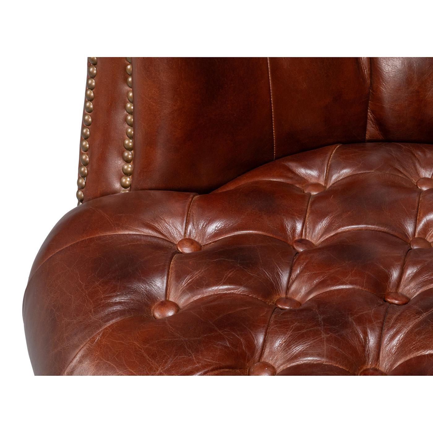 Pair of Brown Leather Barrel Back Chairs For Sale 3