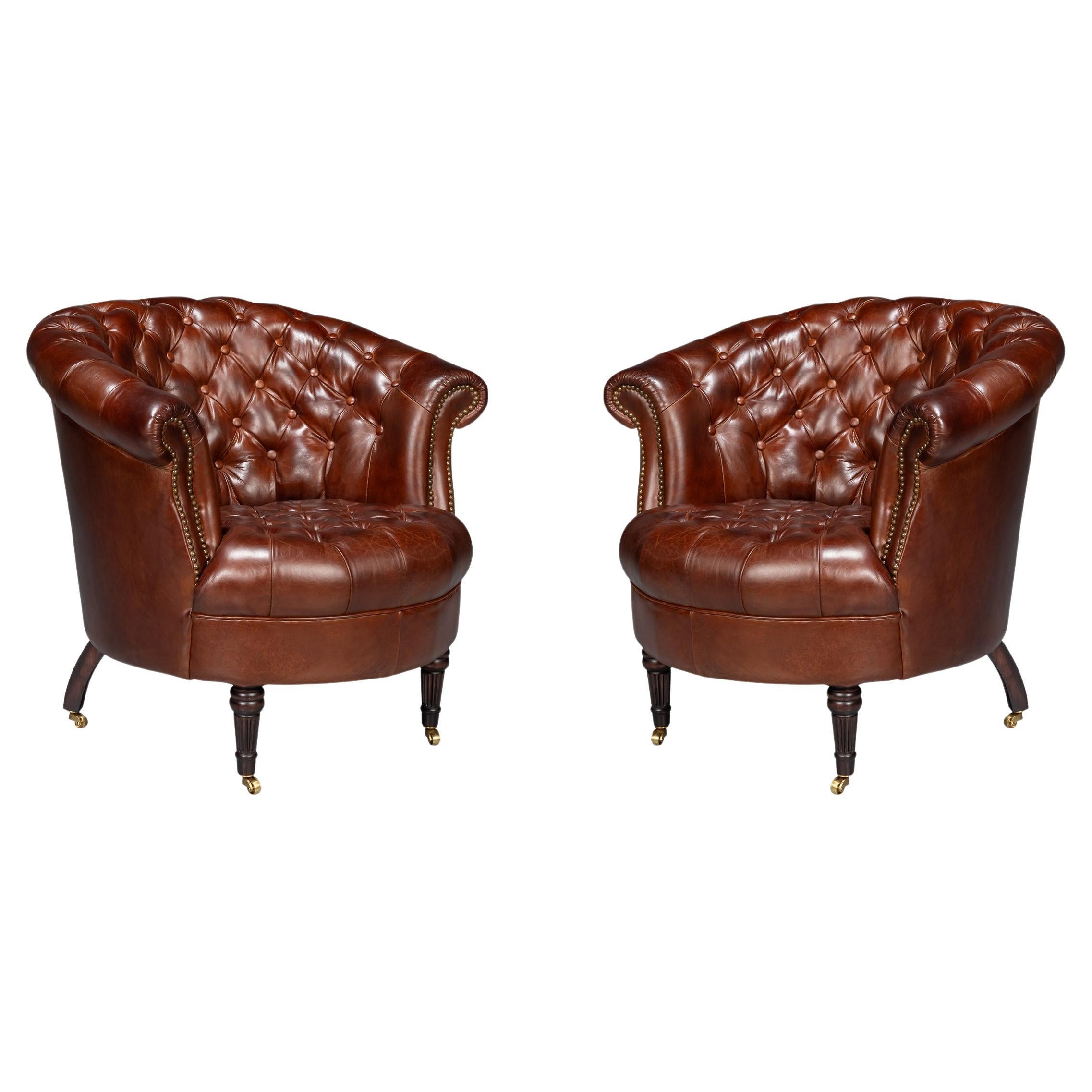 Pair of Brown Leather Barrel Back Chairs