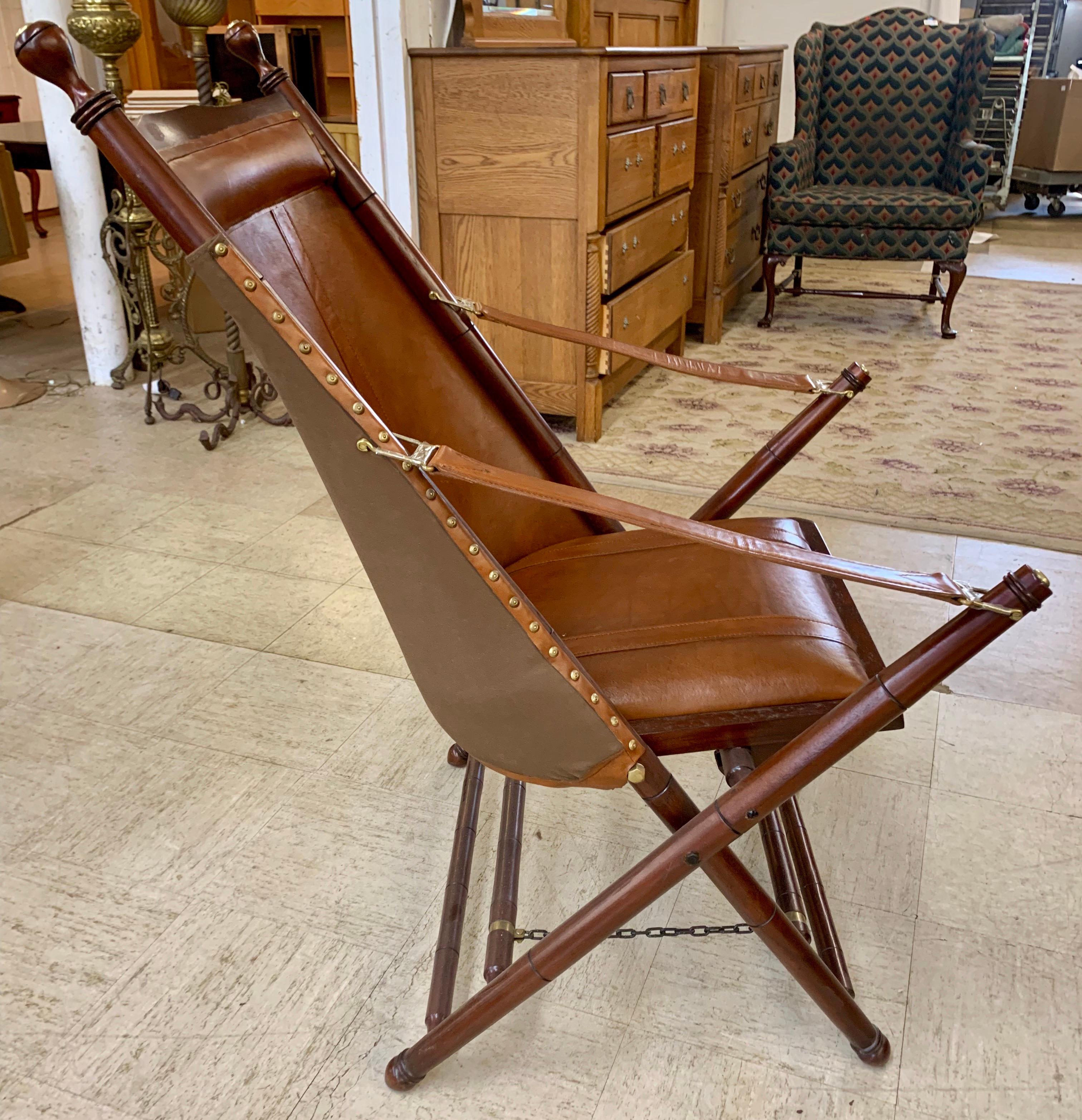 American Pair of Brown Leather Campaign Folding Chairs by Palecek