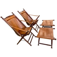 Used Pair of Brown Leather Campaign Folding Chairs by Palecek