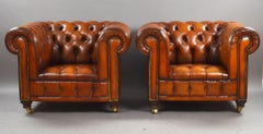 Pair of Brown Leather Chesterfield Armchairs
