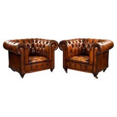 Pair of Brown Leather Chesterfield Armchairs