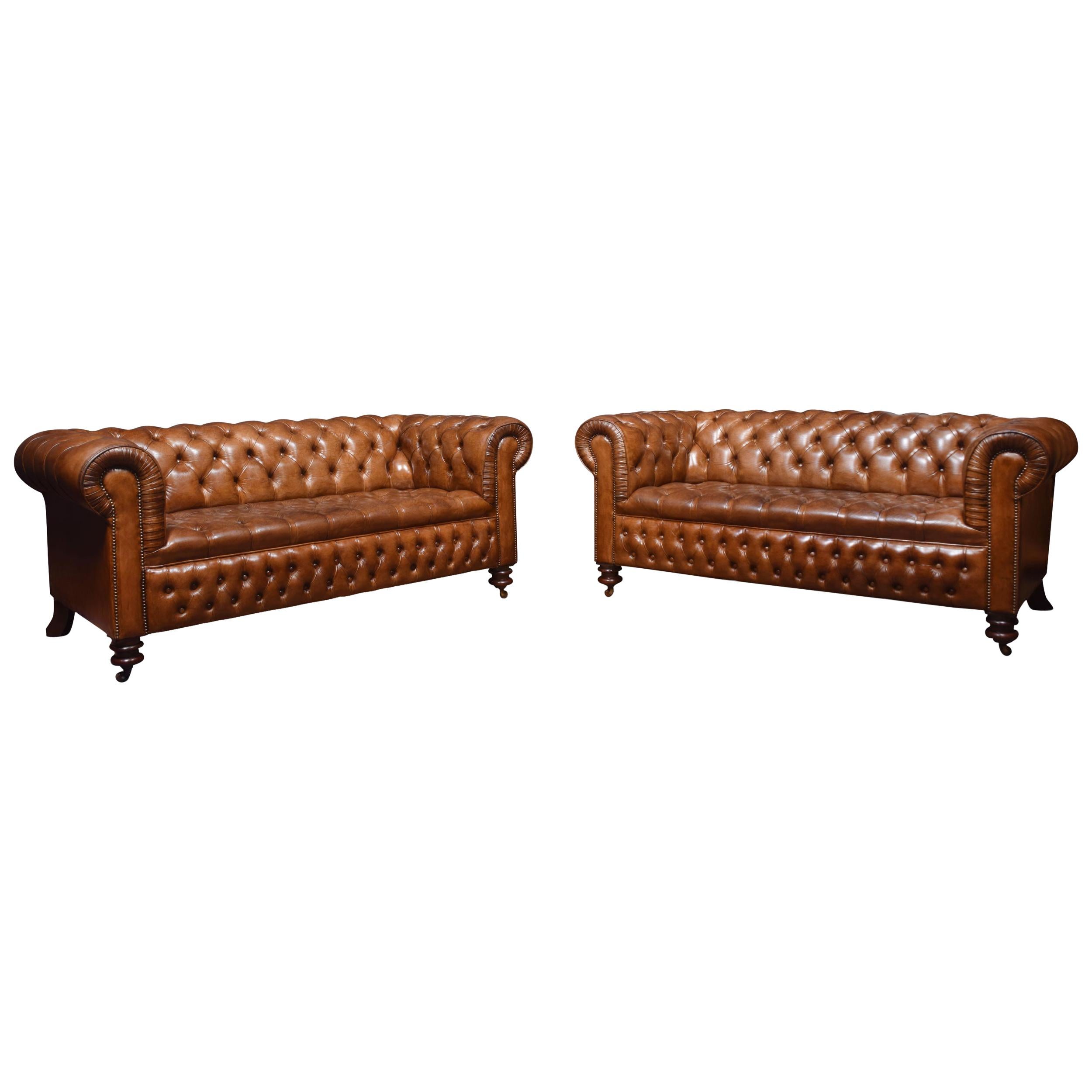 Pair of Brown Leather Chesterfield