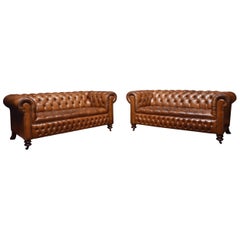 Antique Pair of Brown Leather Chesterfield