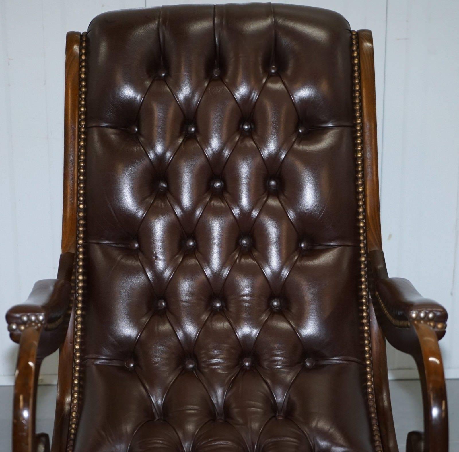 Pair of Brown Leather Chesterfield Slipper Rocking Armchairs Library Reading 5