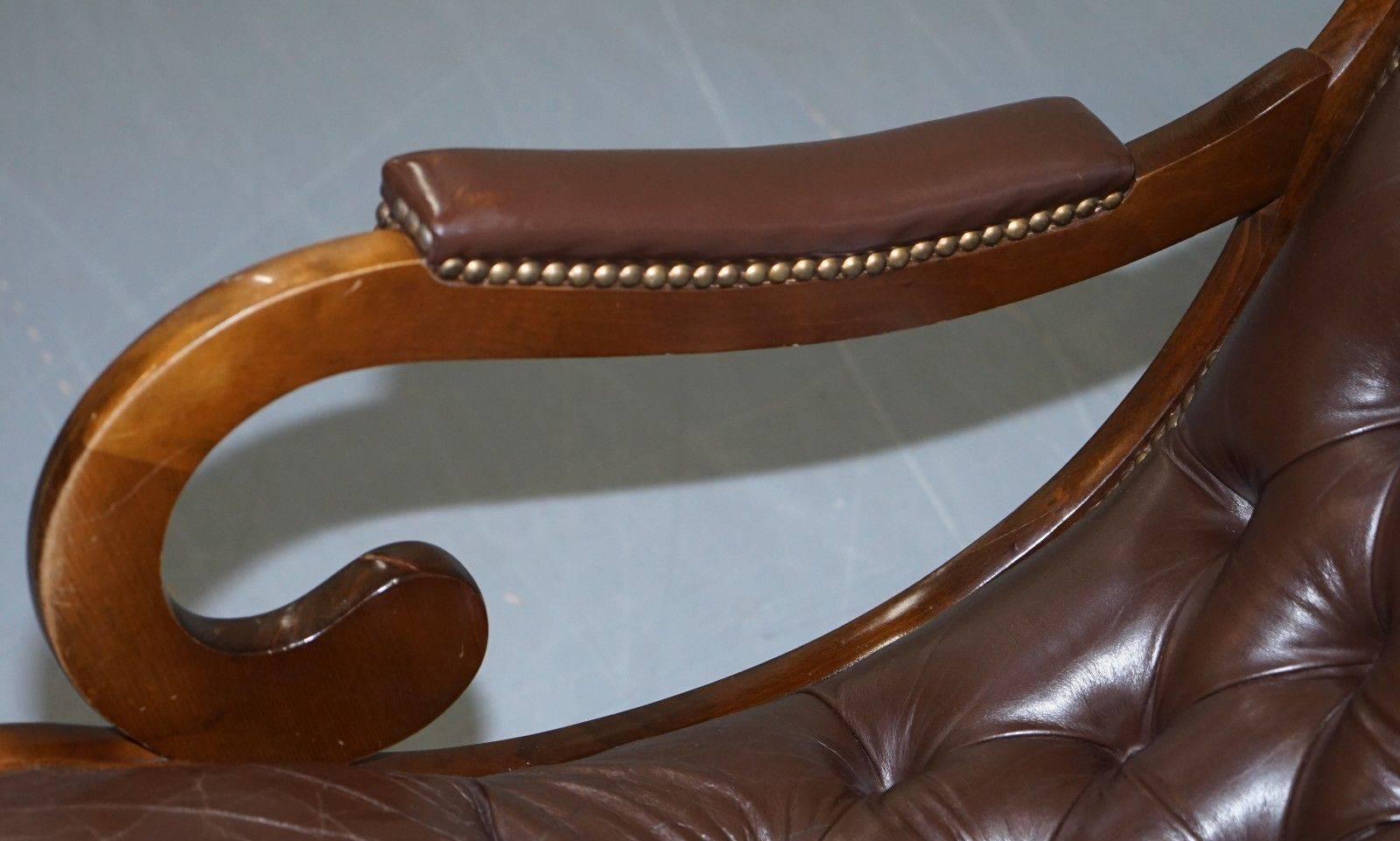 Pair of Brown Leather Chesterfield Slipper Rocking Armchairs Library Reading 6