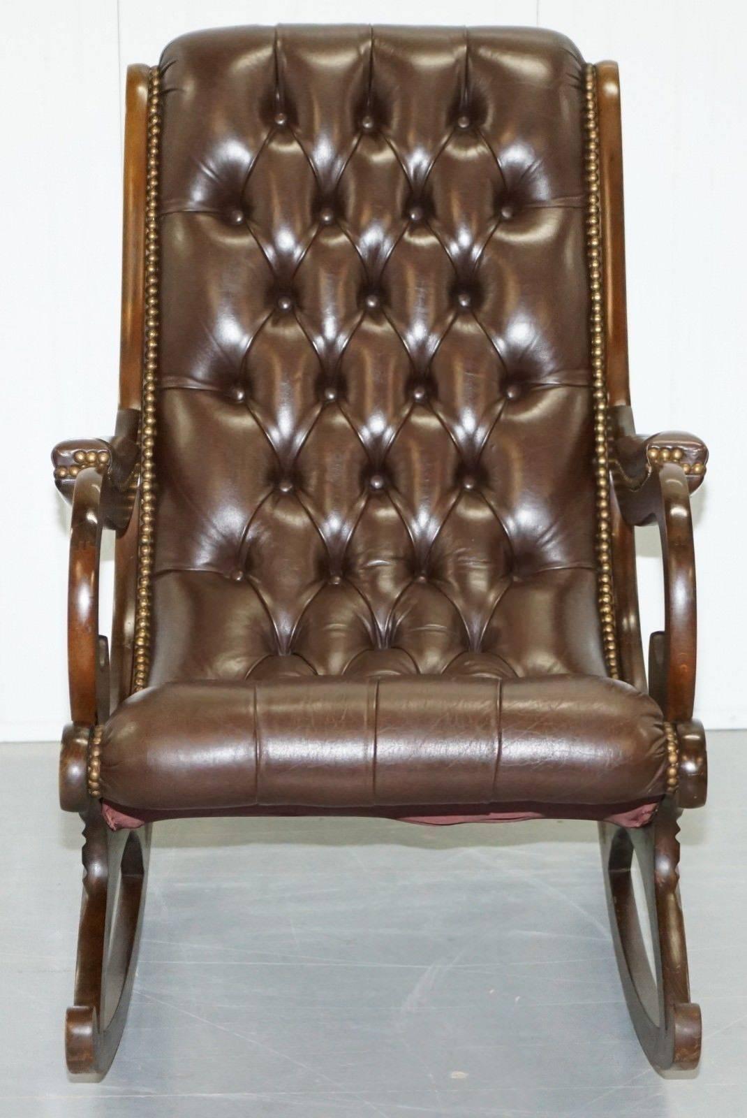 British Pair of Brown Leather Chesterfield Slipper Rocking Armchairs Library Reading