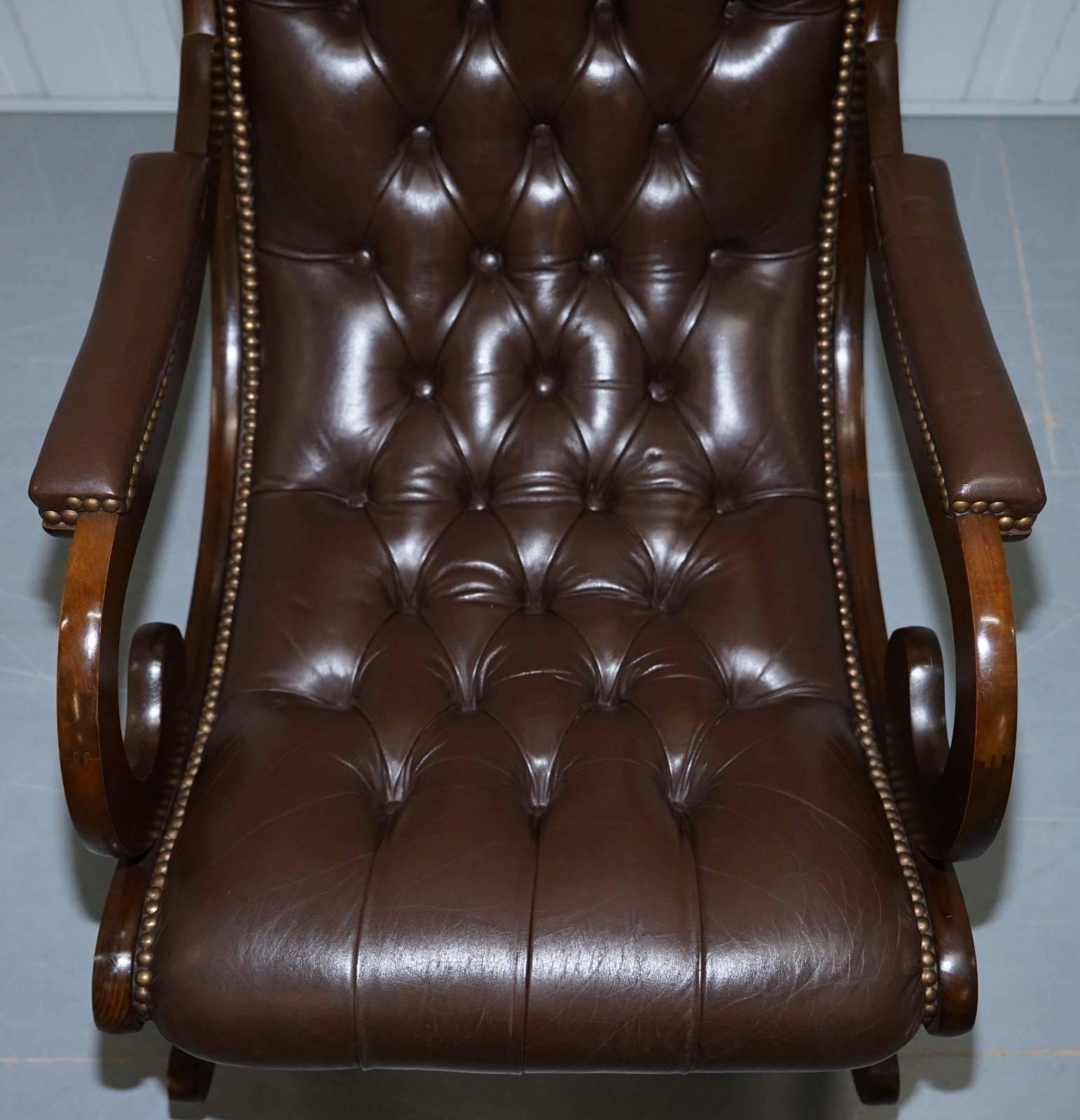 Hand-Carved Pair of Brown Leather Chesterfield Slipper Rocking Armchairs Library Reading