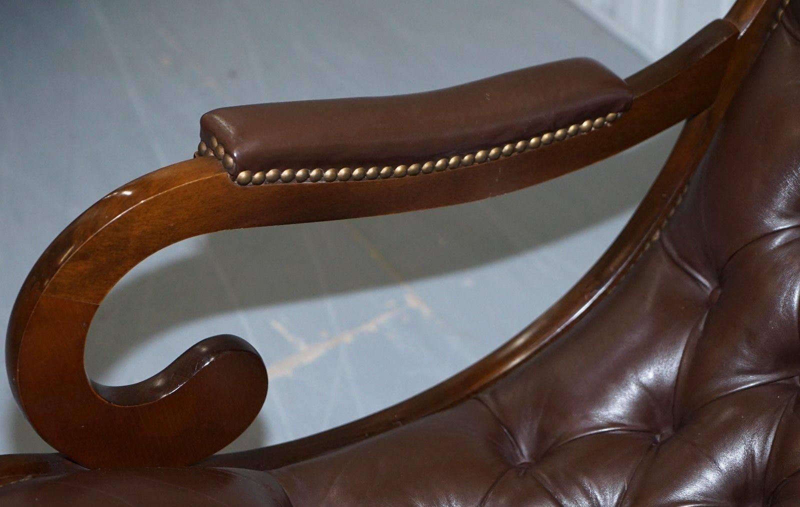 20th Century Pair of Brown Leather Chesterfield Slipper Rocking Armchairs Library Reading