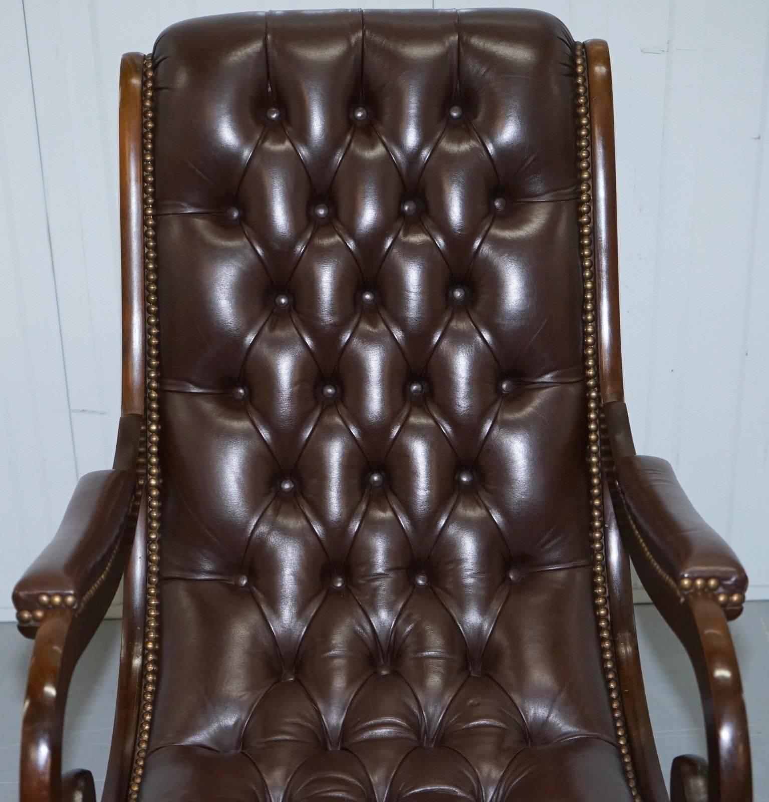 Pair of Brown Leather Chesterfield Slipper Rocking Armchairs Library Reading 1