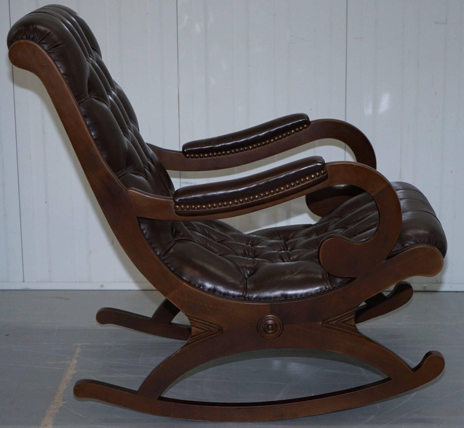 Pair of Brown Leather Chesterfield Slipper Rocking Armchairs Library Reading 2