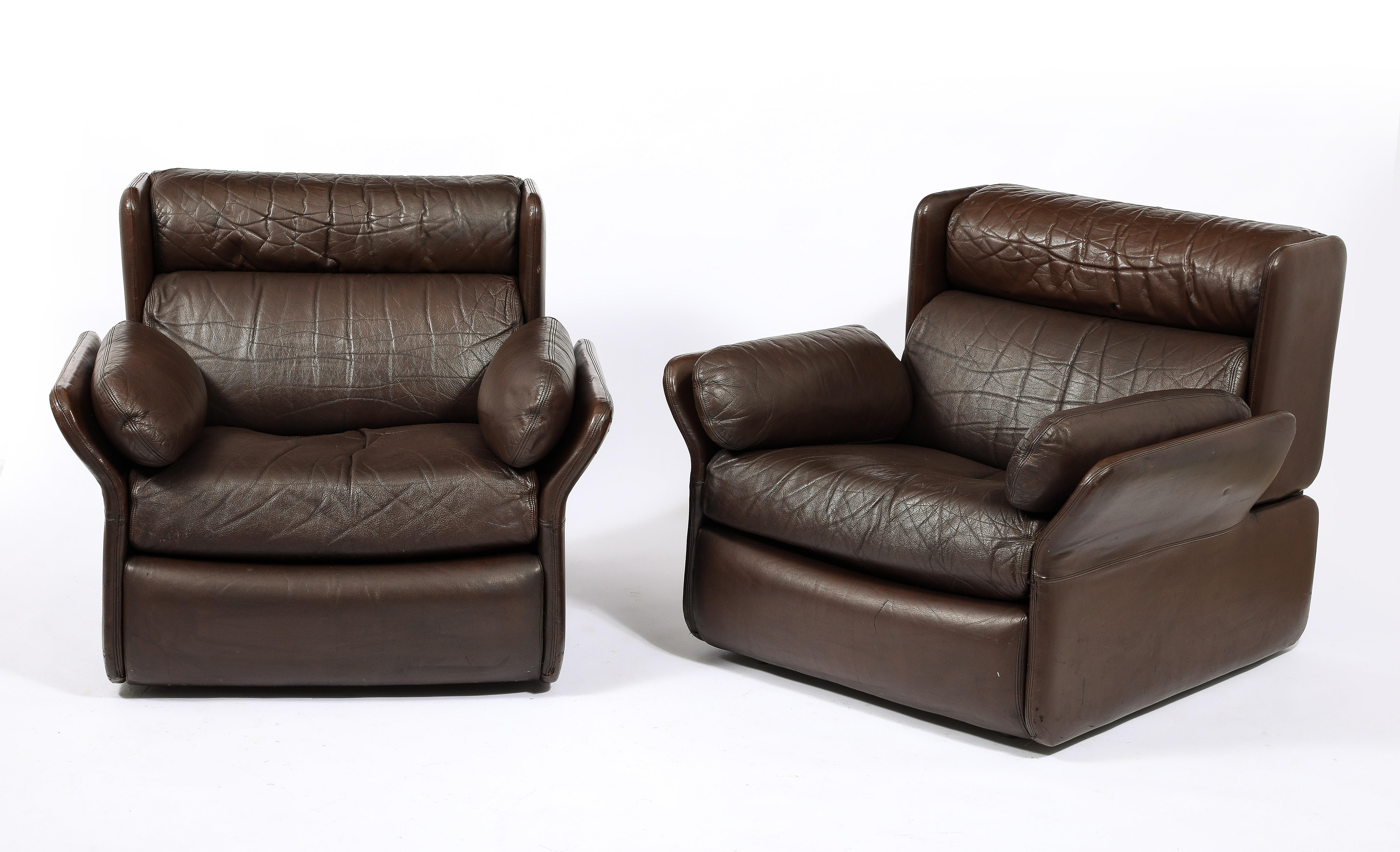 Paar Brown Leder De Sede Amrchairs, Schweiz 1970er Jahre (Schweizerisch) im Angebot