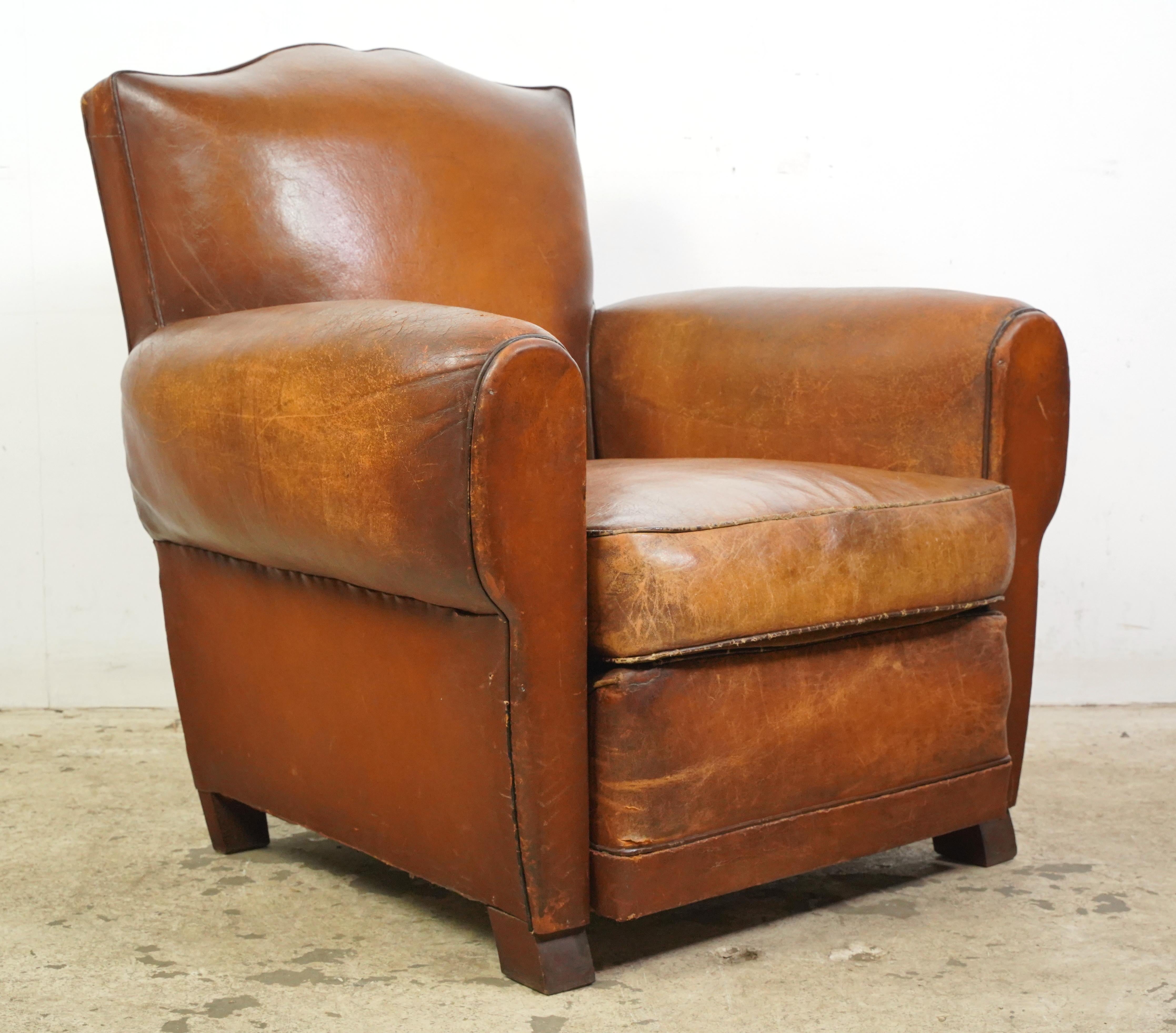 Pair of Brown Leather French Moustache Club Chairs For Sale 6
