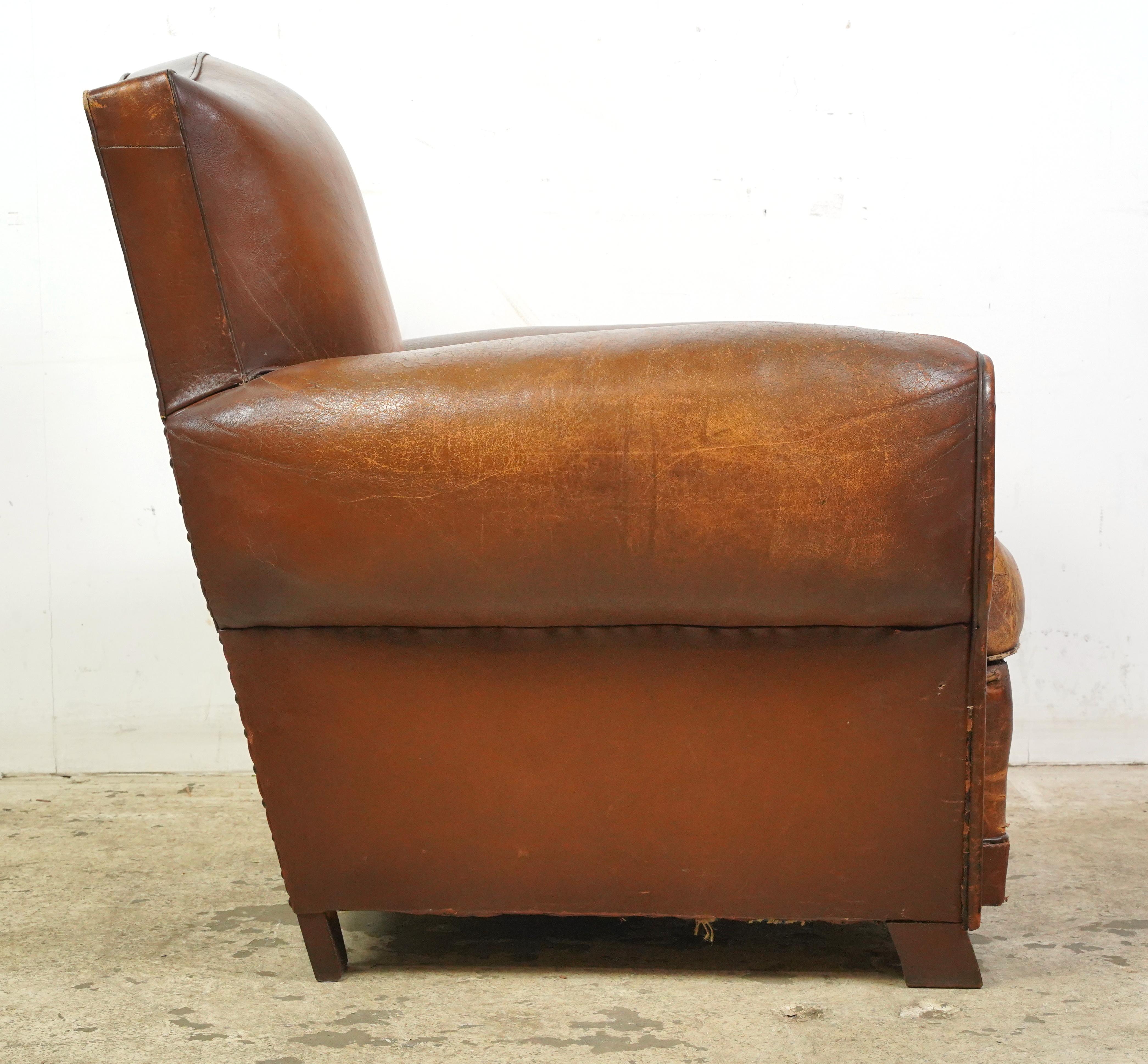 Pair of Brown Leather French Moustache Club Chairs For Sale 8