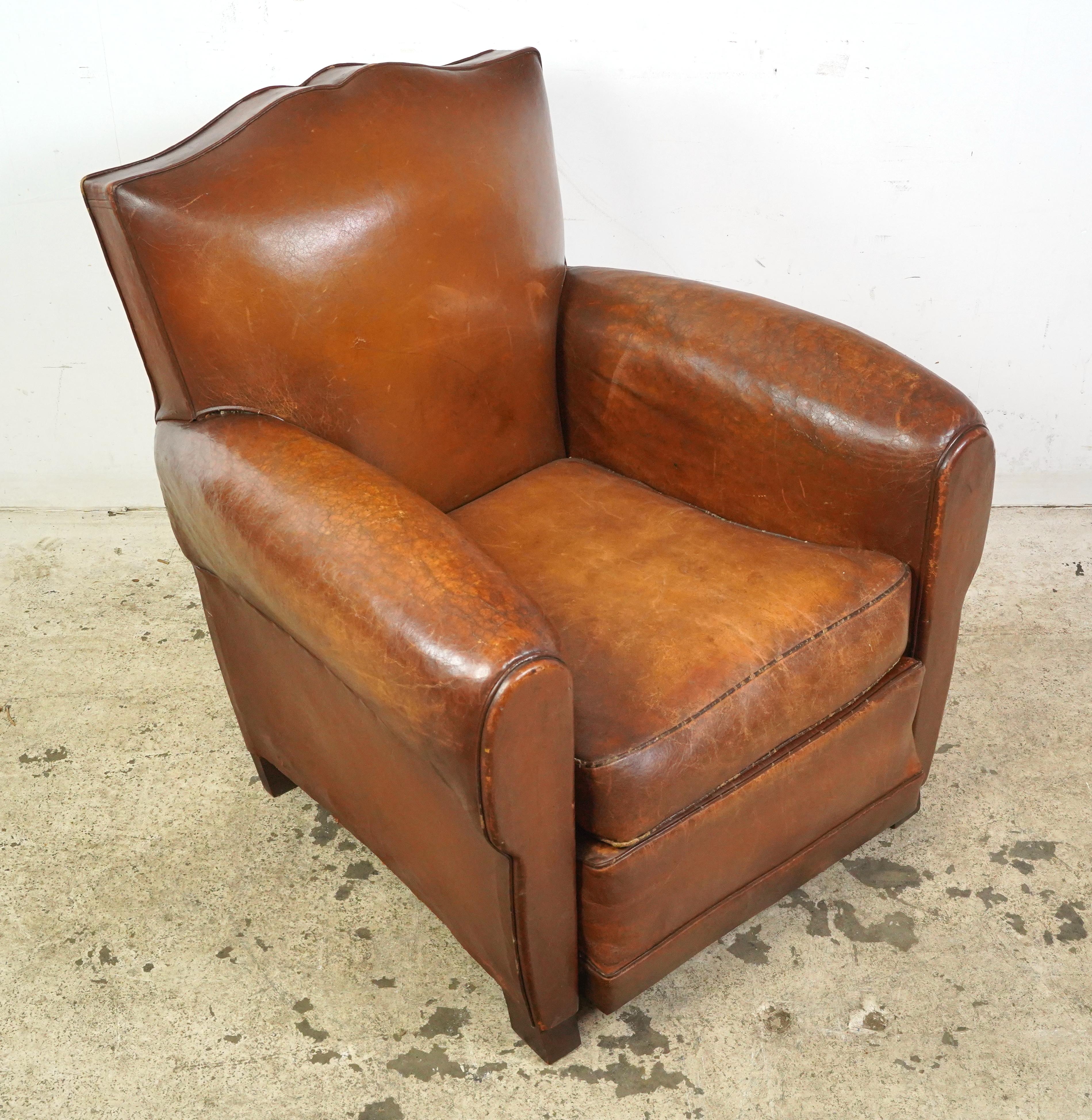 20th Century Pair of Brown Leather French Moustache Club Chairs For Sale