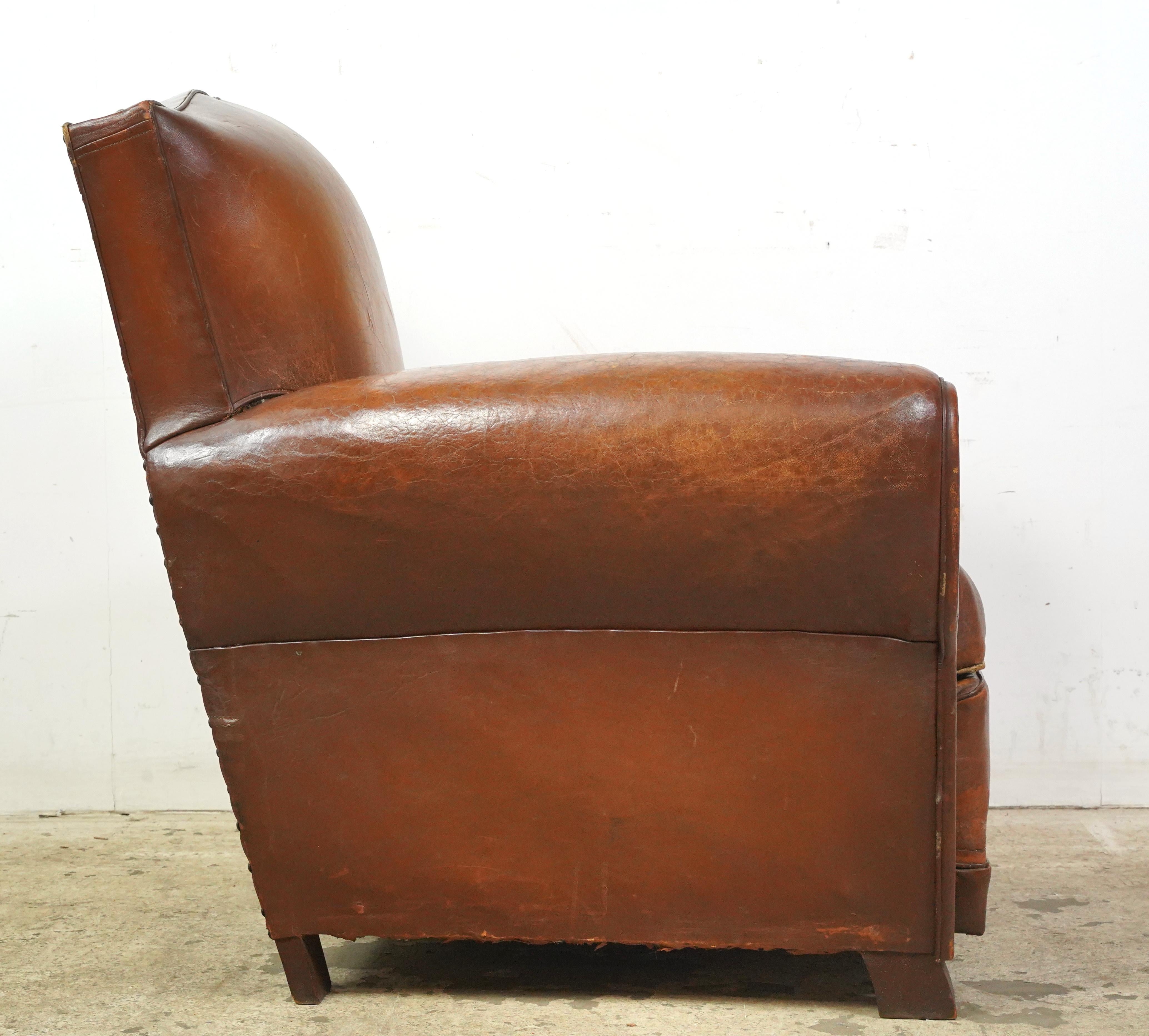 Steel Pair of Brown Leather French Moustache Club Chairs For Sale