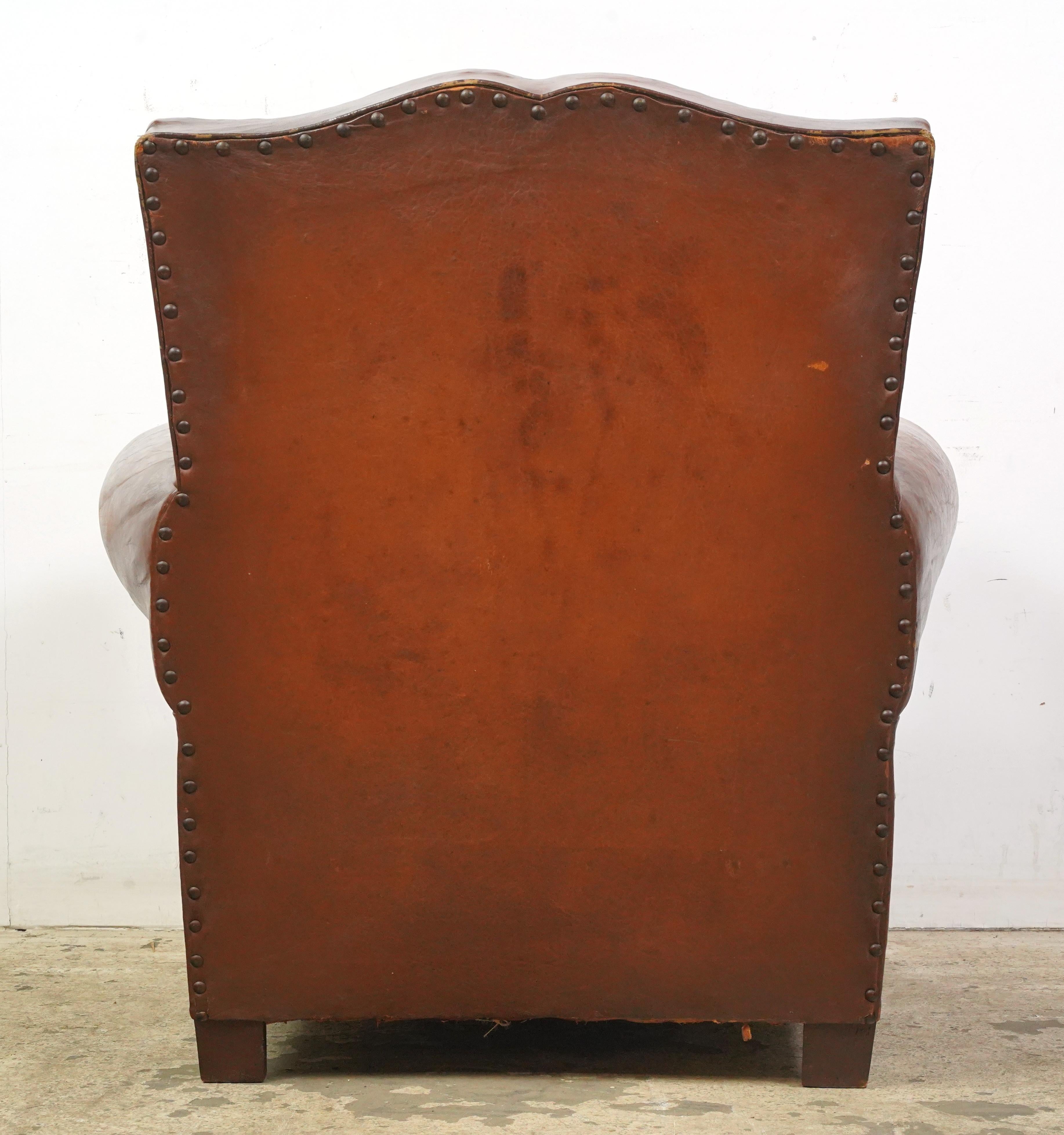 Pair of Brown Leather French Moustache Club Chairs For Sale 1
