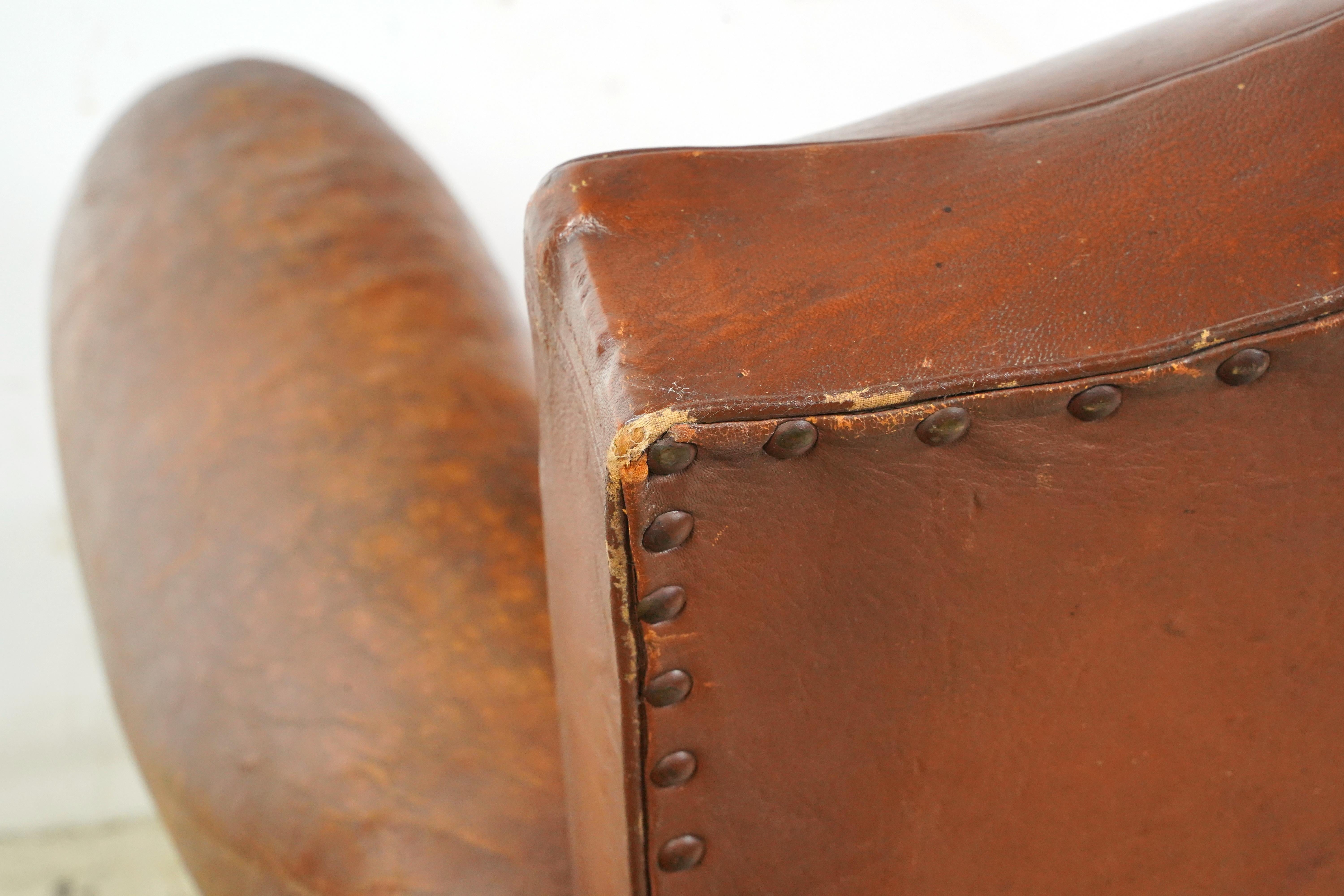 Pair of Brown Leather French Moustache Club Chairs For Sale 2