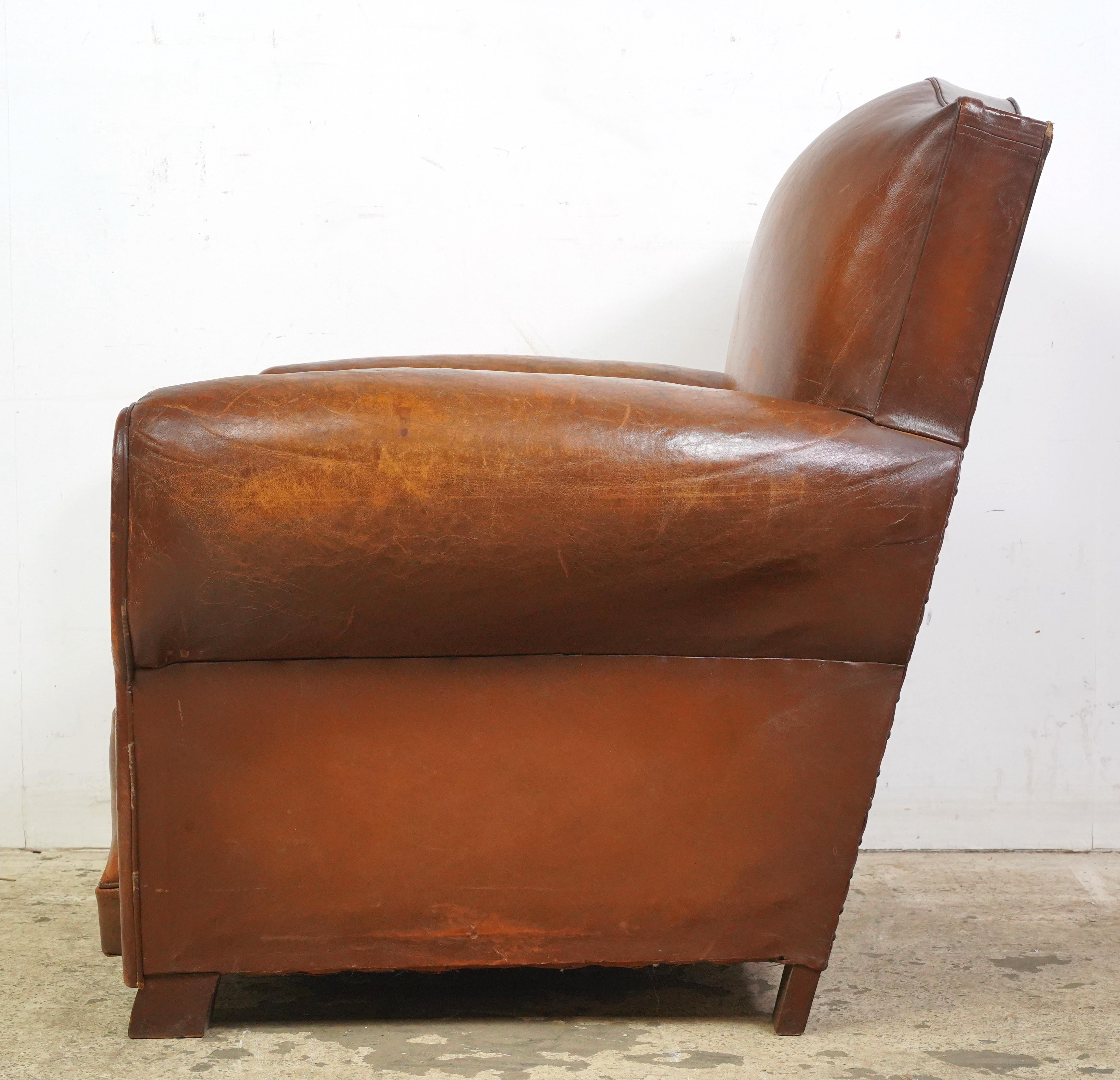 Pair of Brown Leather French Moustache Club Chairs For Sale 3