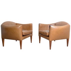 Pair of Brown Leather Illum Wikkelso Armchairs, Denmark, 1958