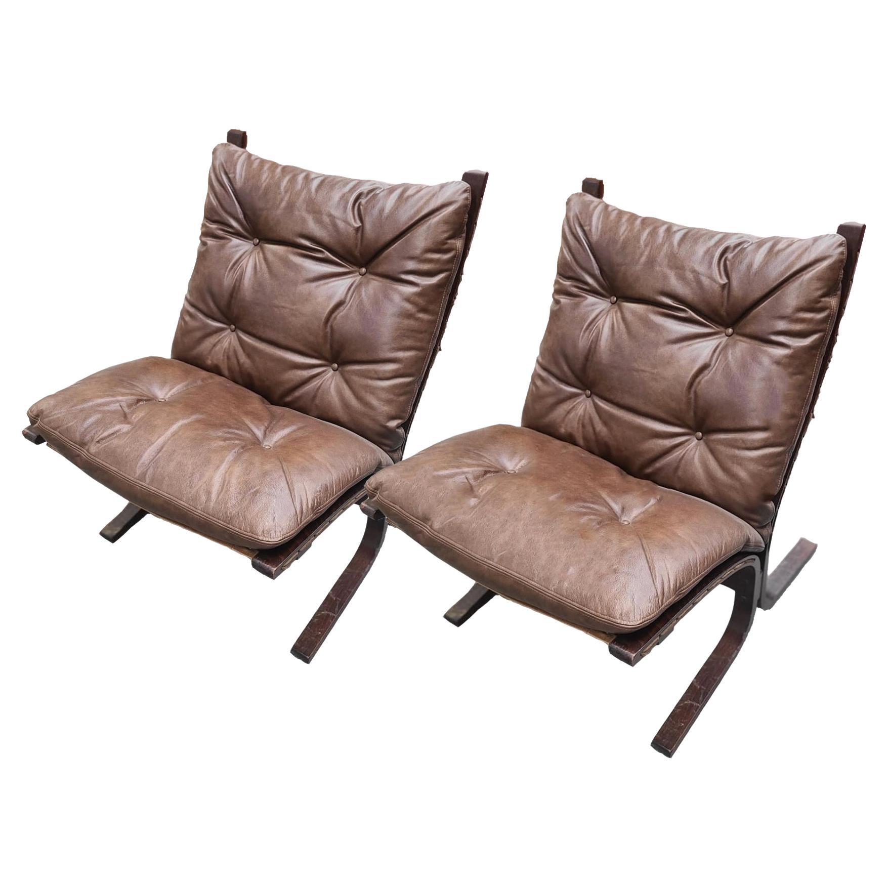 Pair of Brown Leather Ingmar Relling Siesta Chairs For Sale