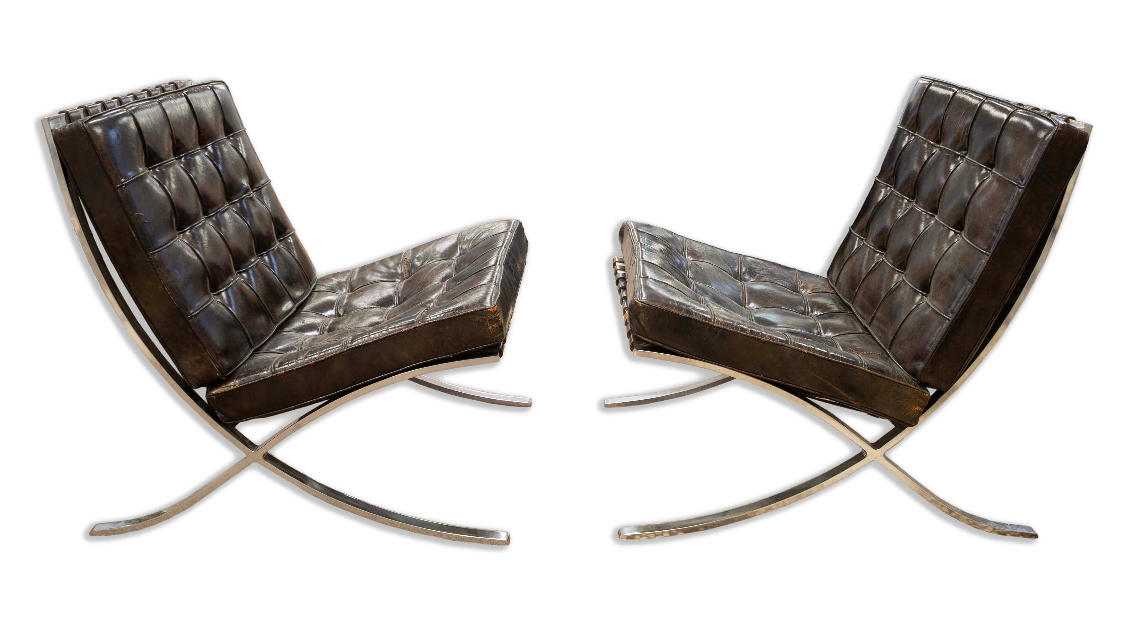 American Pair of Brown Leather Knoll Barcelona Chairs Mies Van Der Rohe MCM