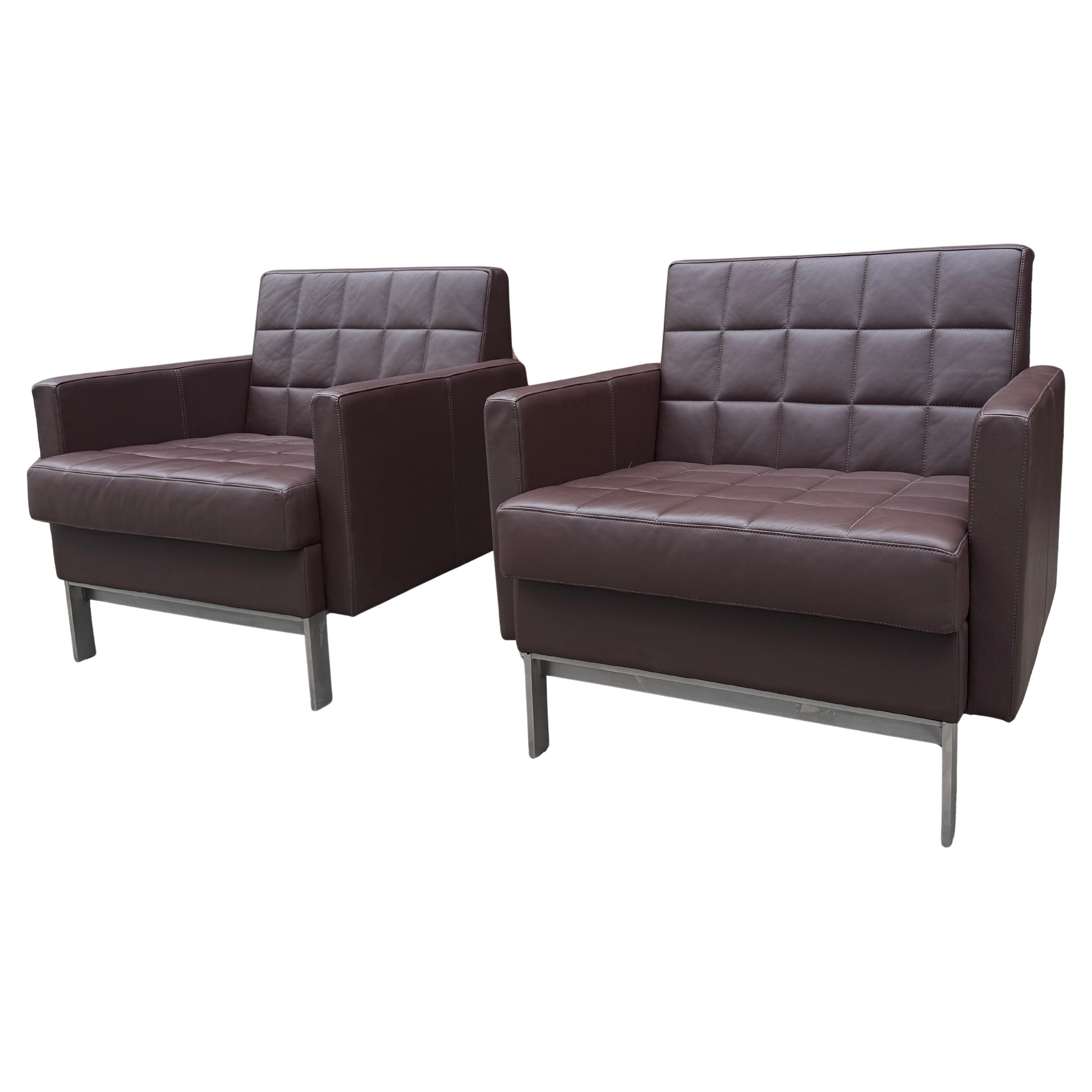 Pair of Post Modern Brown Leather Lounge Chairs In Good Condition For Sale In BROOKLYN, NY