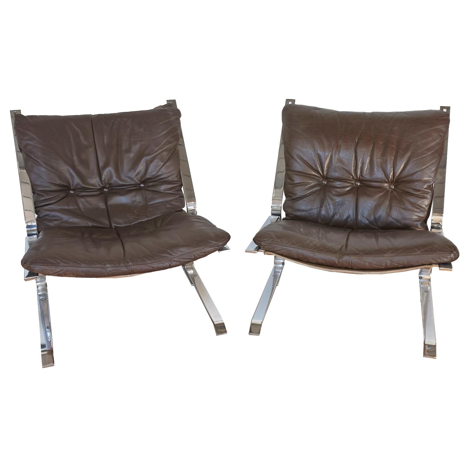 Pair of Brown Leather Pirate Chairs by Elsa and Nordahl Solheim for Rykken