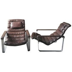 Pair of Brown Leather Pulkka Lounge Chairs by Ilmari Lappalainen