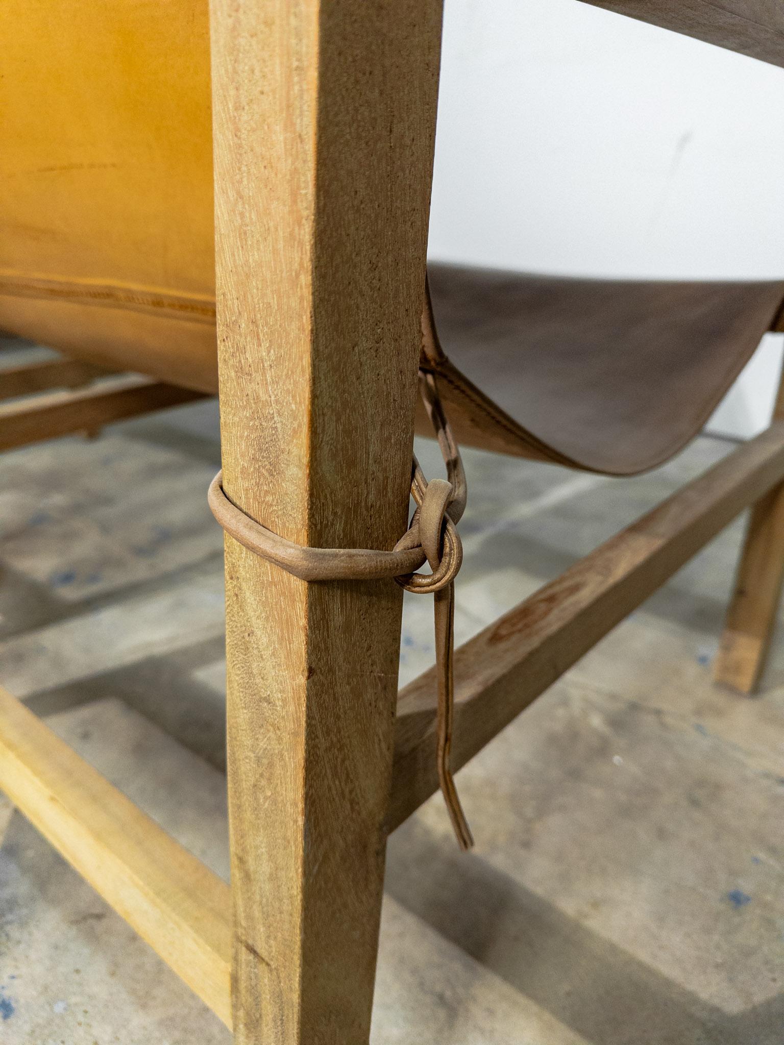 Pair of Brown Leather Sling Chairs with Bleached Wood Arms and Legs 4