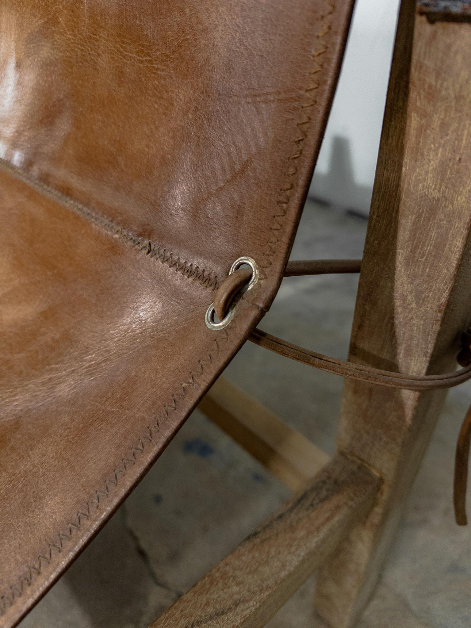 Pair of Brown Leather Sling Chairs with Bleached Wood Arms and Legs 5