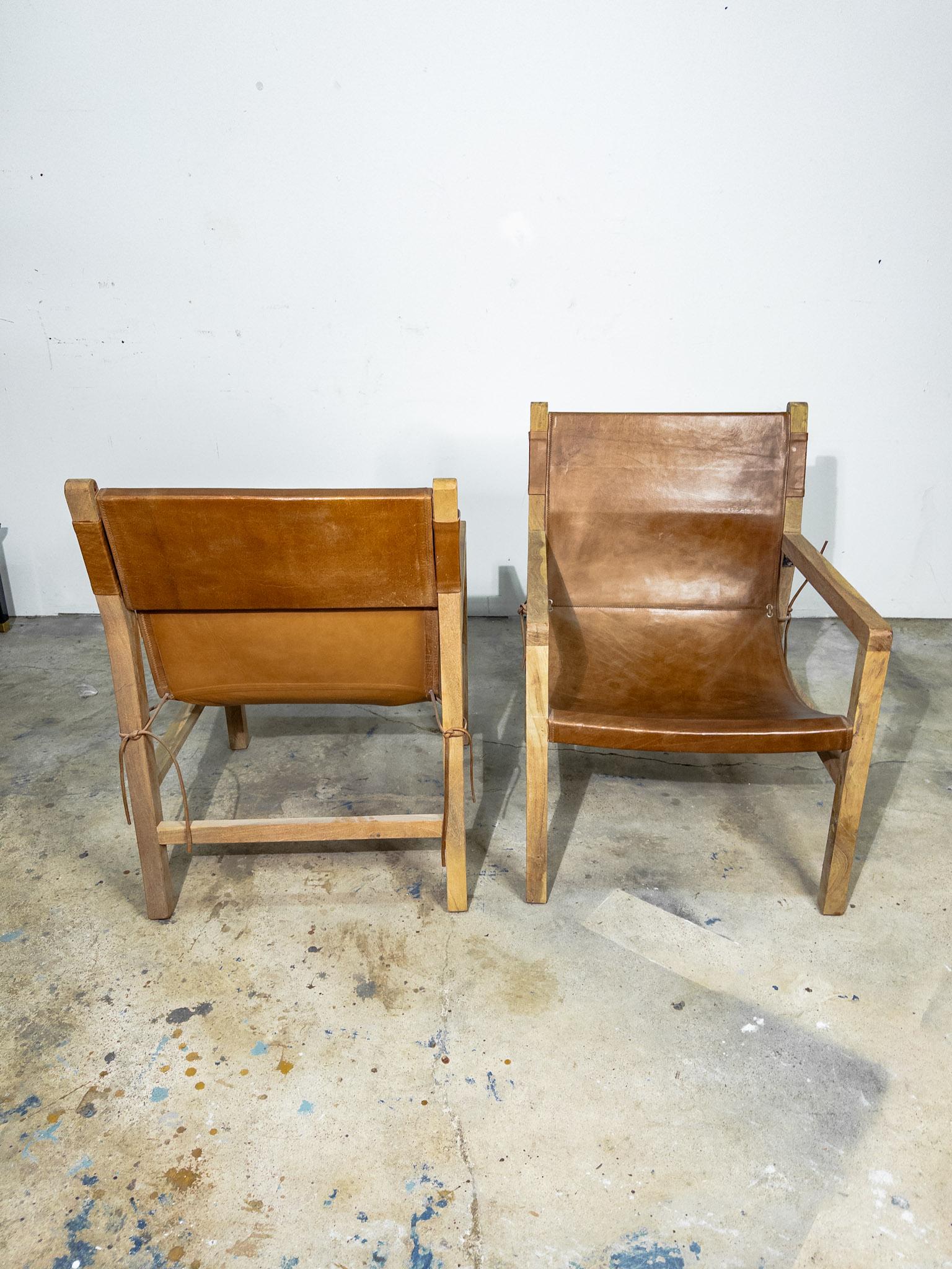 Pair of Brown Leather Sling Chairs with Bleached Wood Arms and Legs 6