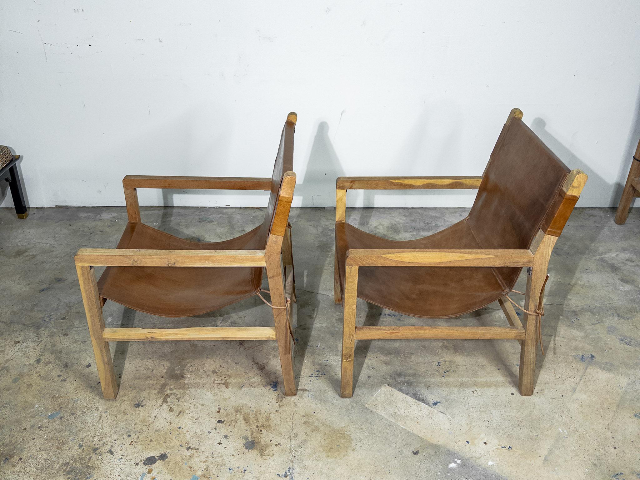 Pair of Brown Leather Sling Chairs with Bleached Wood Arms and Legs In Good Condition In Houston, TX