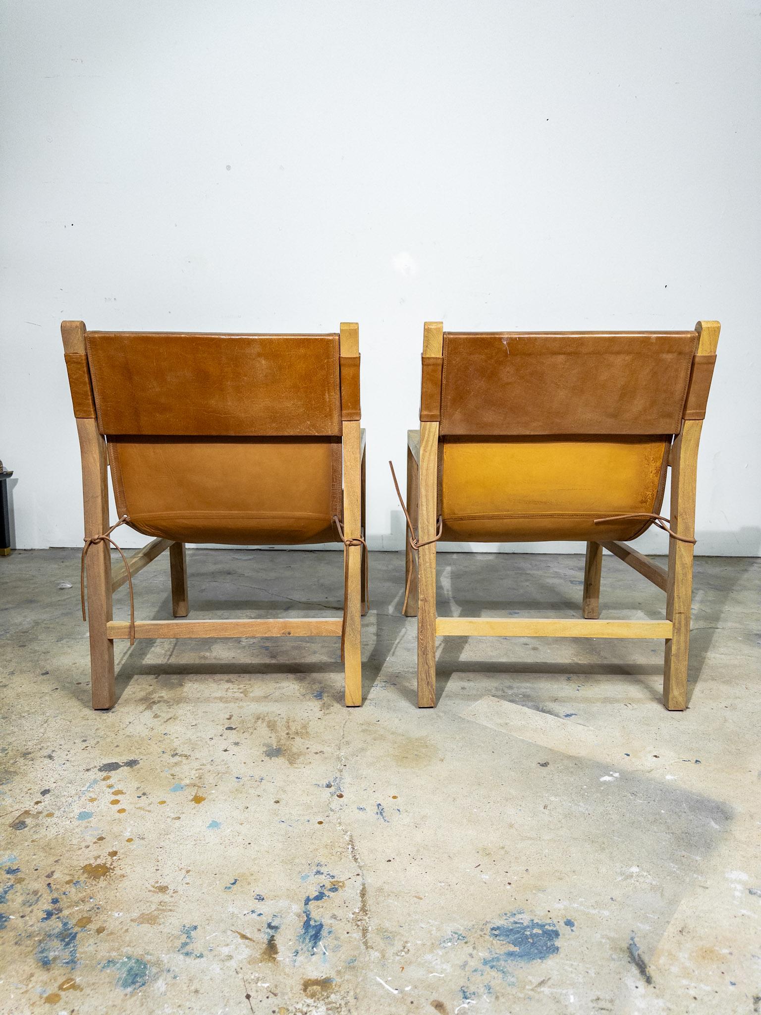 Pair of Brown Leather Sling Chairs with Bleached Wood Arms and Legs 1