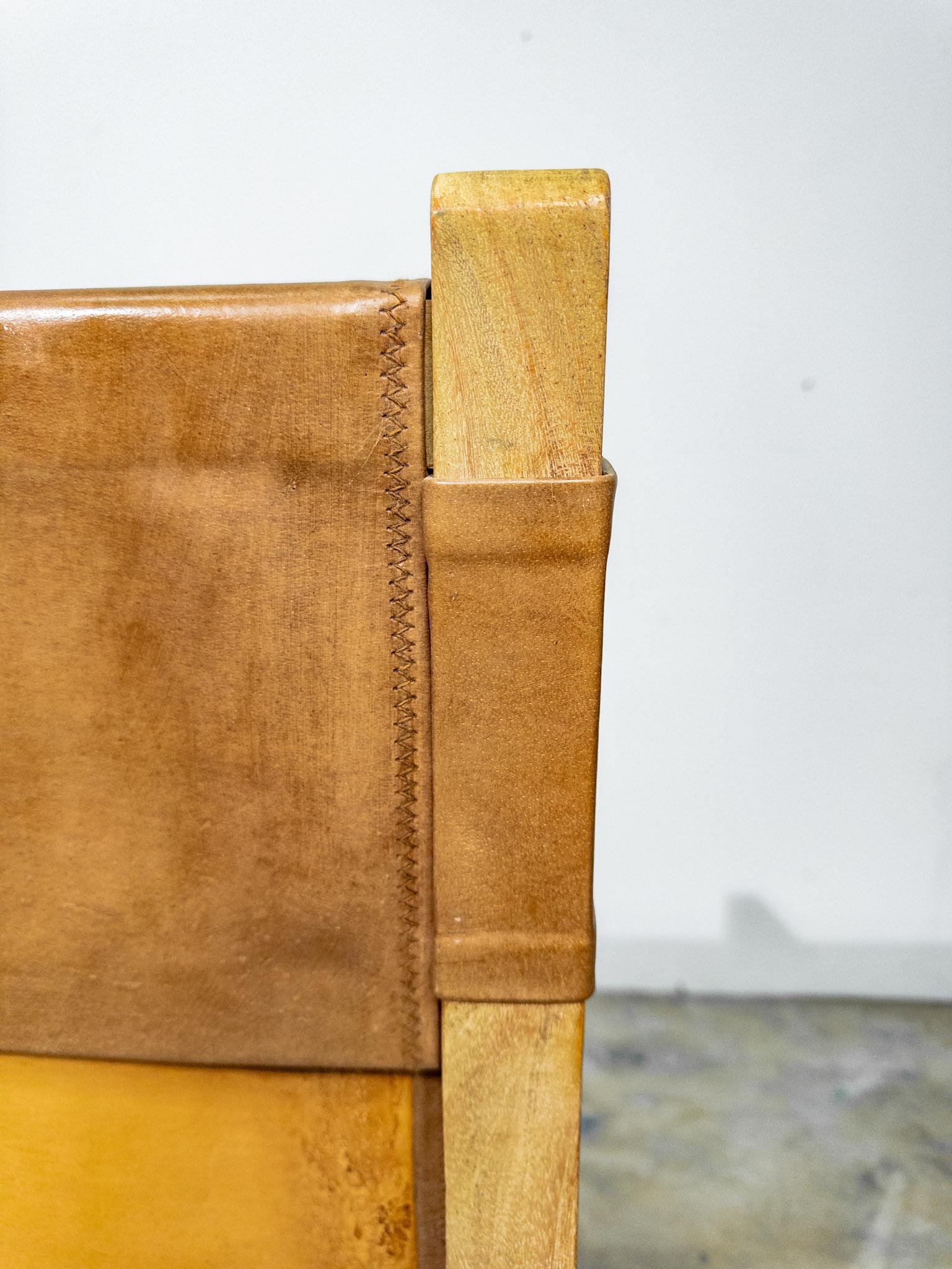 Pair of Brown Leather Sling Chairs with Bleached Wood Arms and Legs 3