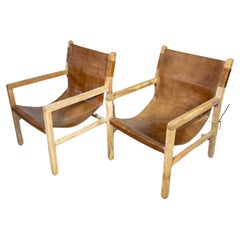 Pair of Brown Leather Sling Chairs with Bleached Wood Arms and Legs