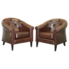 Pair of Brown Leather Thomas Lloyd Winchester Club Armchairs Chesterfield Button