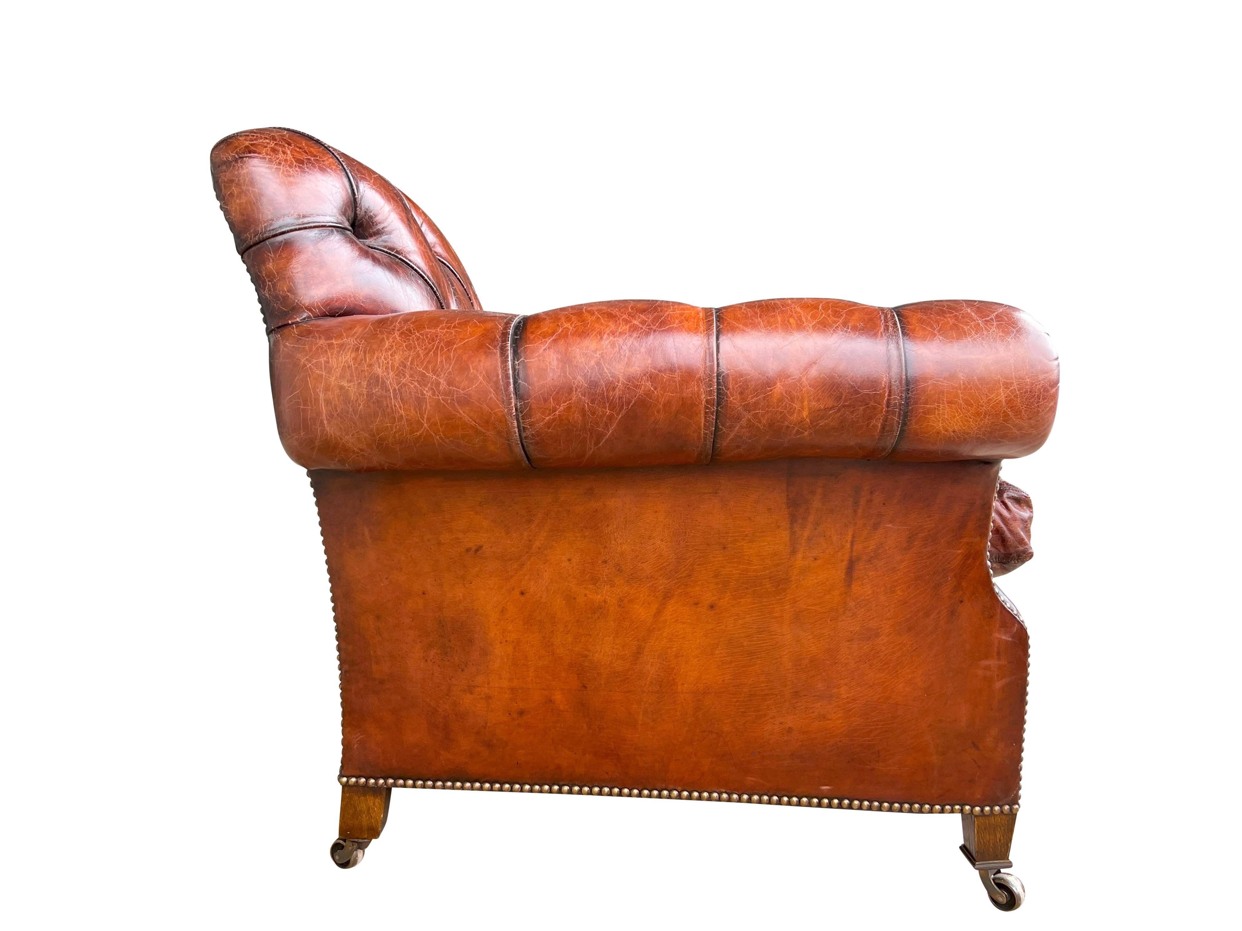 Pair Of Brown Leather Tufted Armchairs For Sale 5