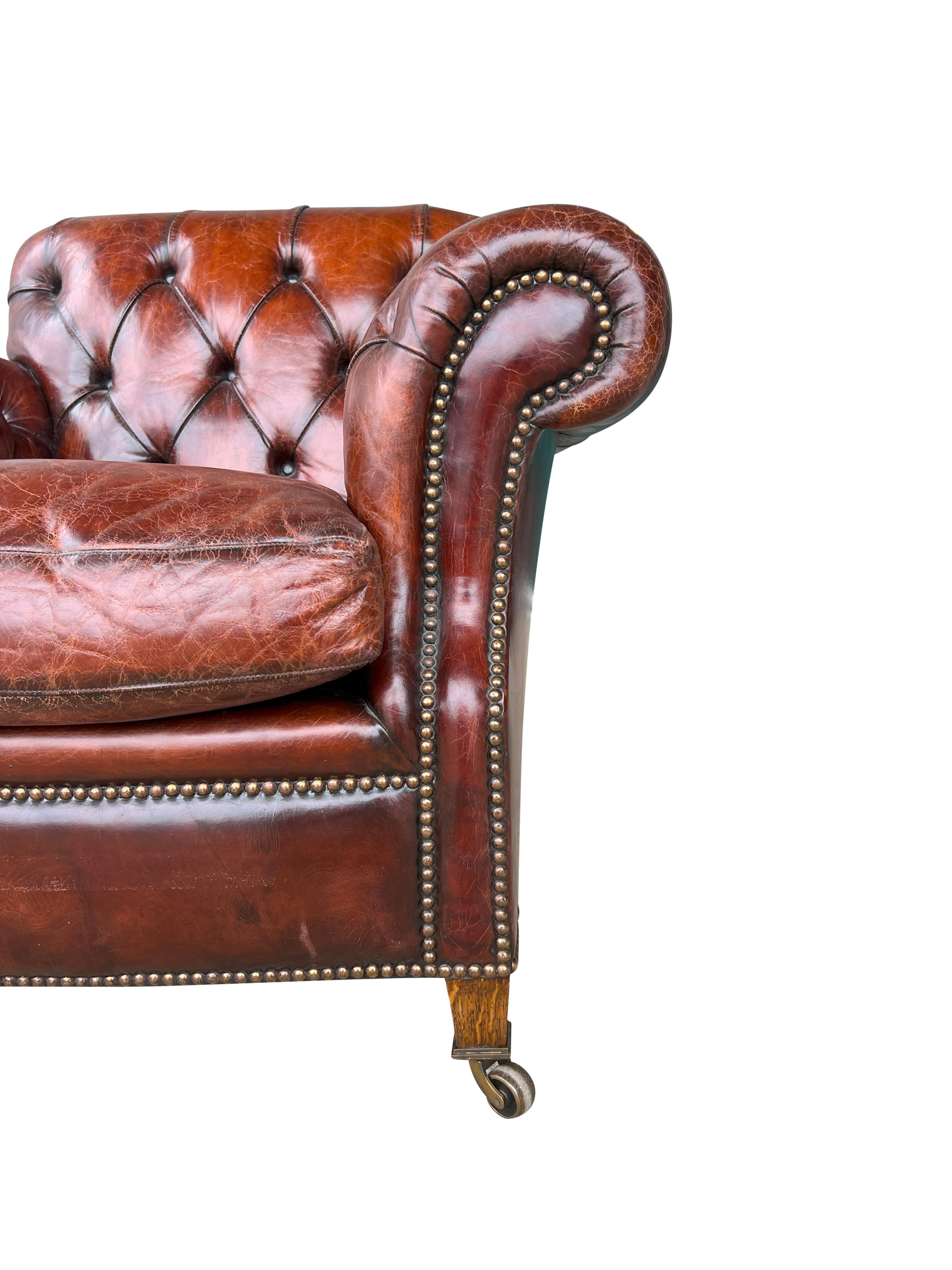 Pair Of Brown Leather Tufted Armchairs For Sale 6