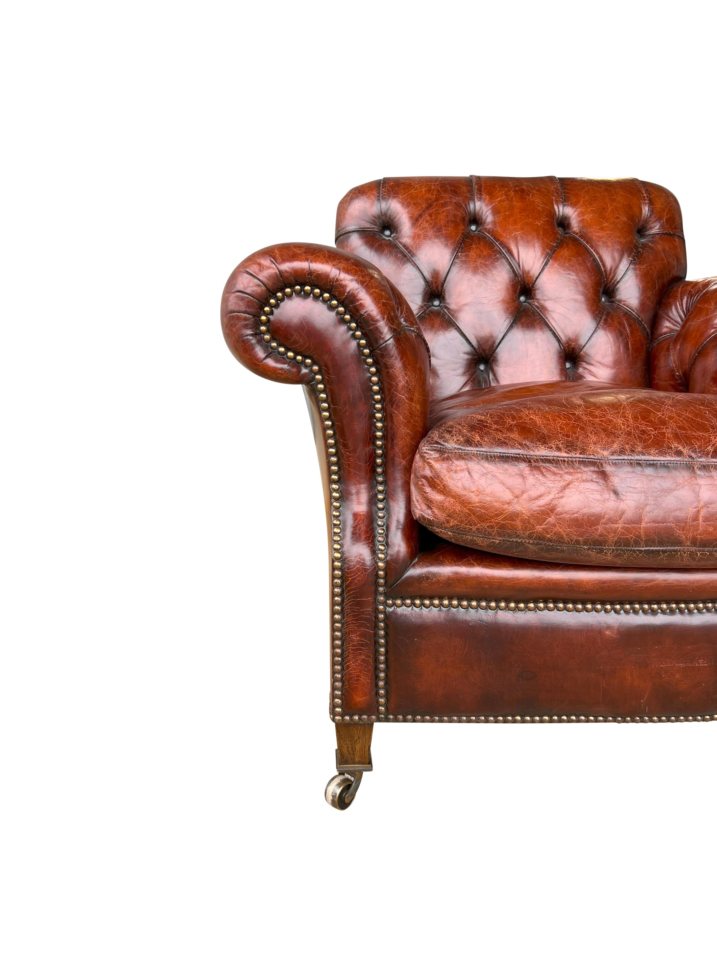 Pair Of Brown Leather Tufted Armchairs For Sale 7