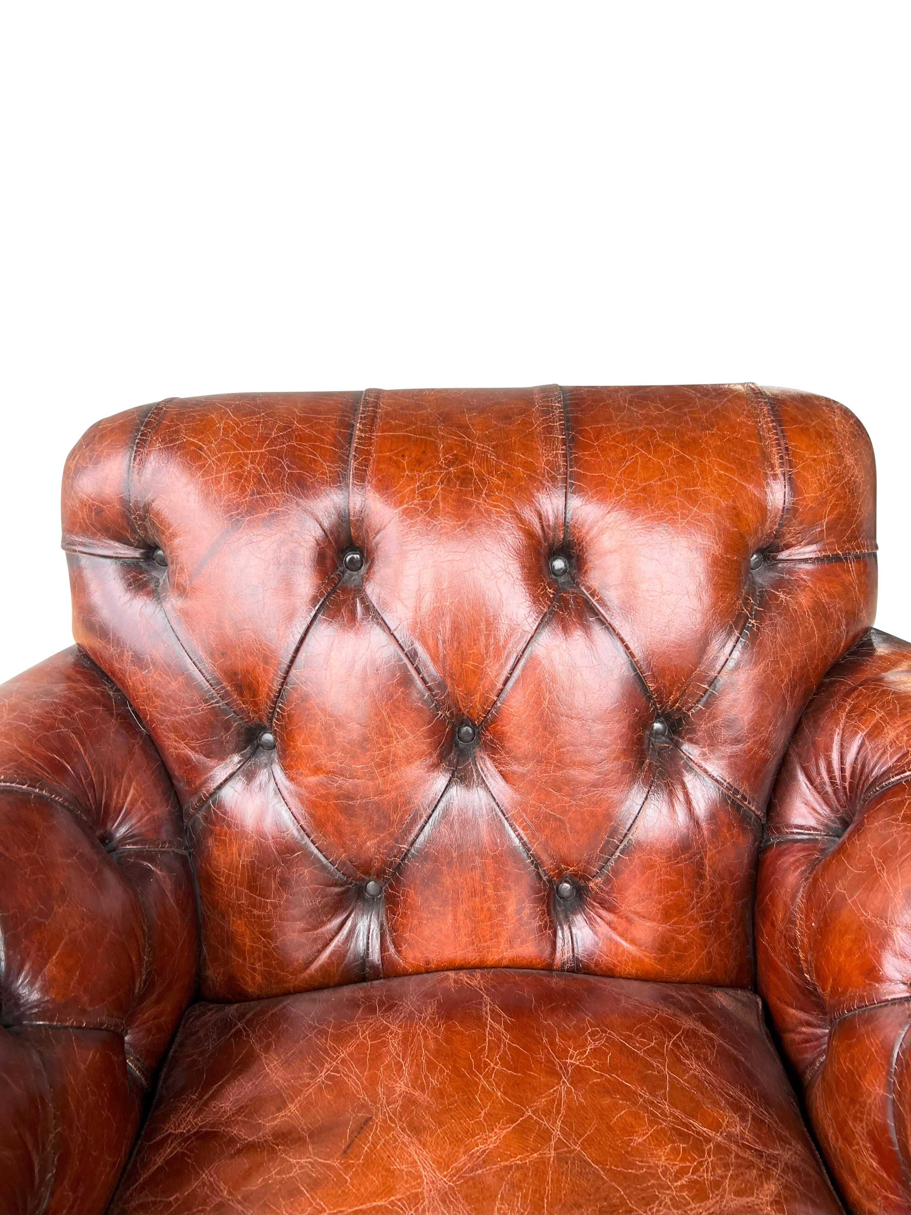 Pair Of Brown Leather Tufted Armchairs For Sale 10