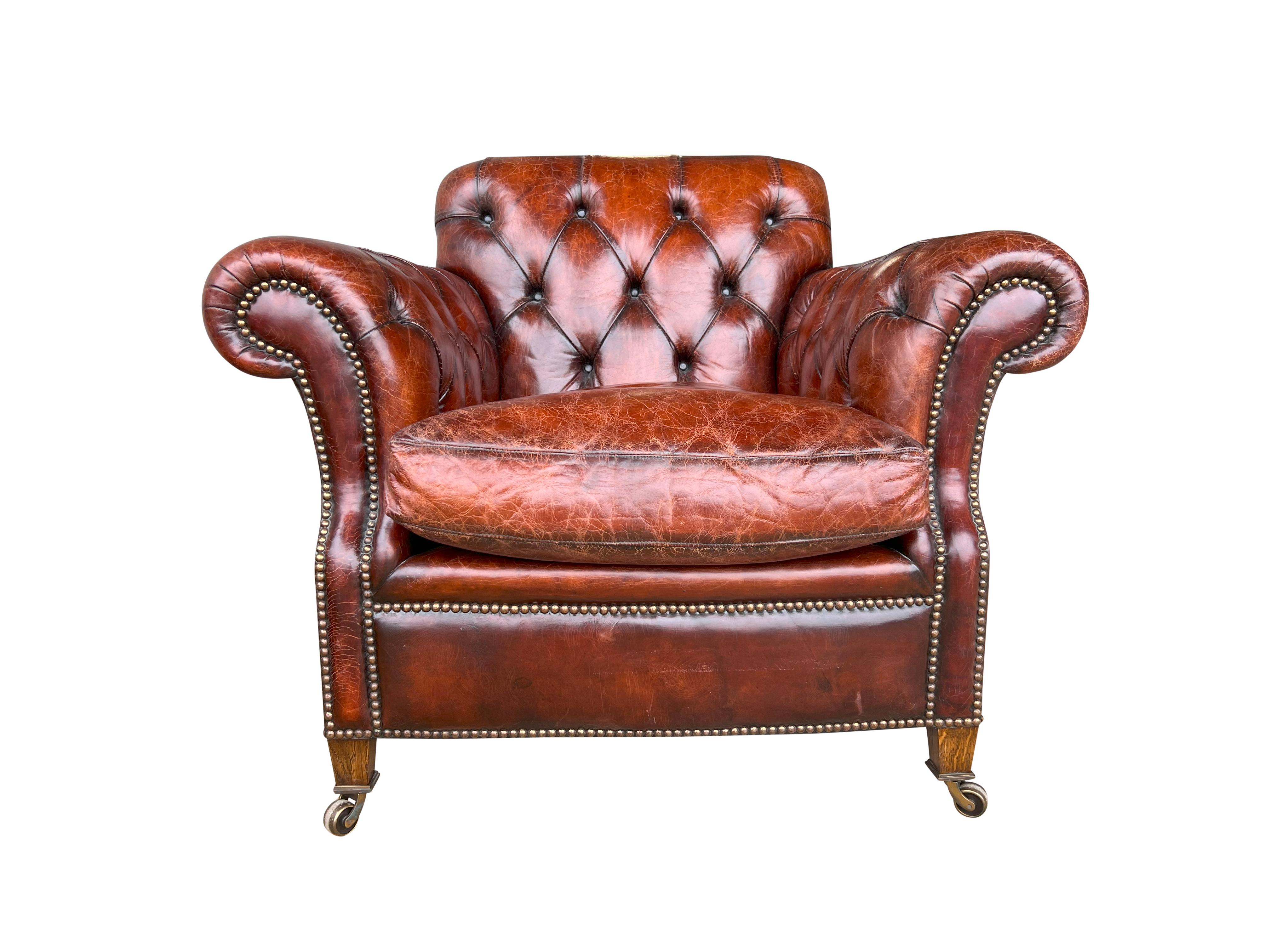 English Pair Of Brown Leather Tufted Armchairs For Sale