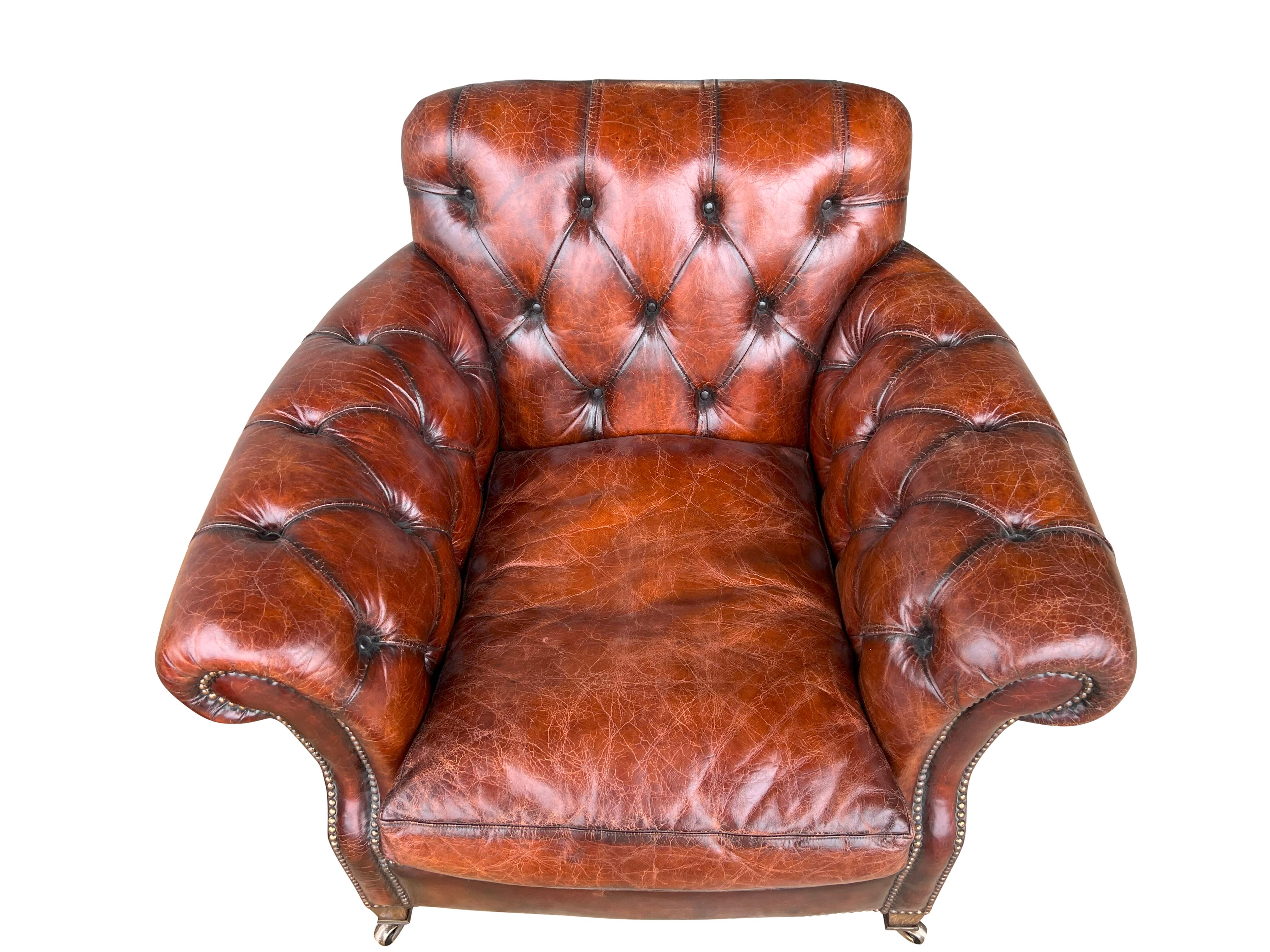 Pair Of Brown Leather Tufted Armchairs In Good Condition For Sale In Essex, MA