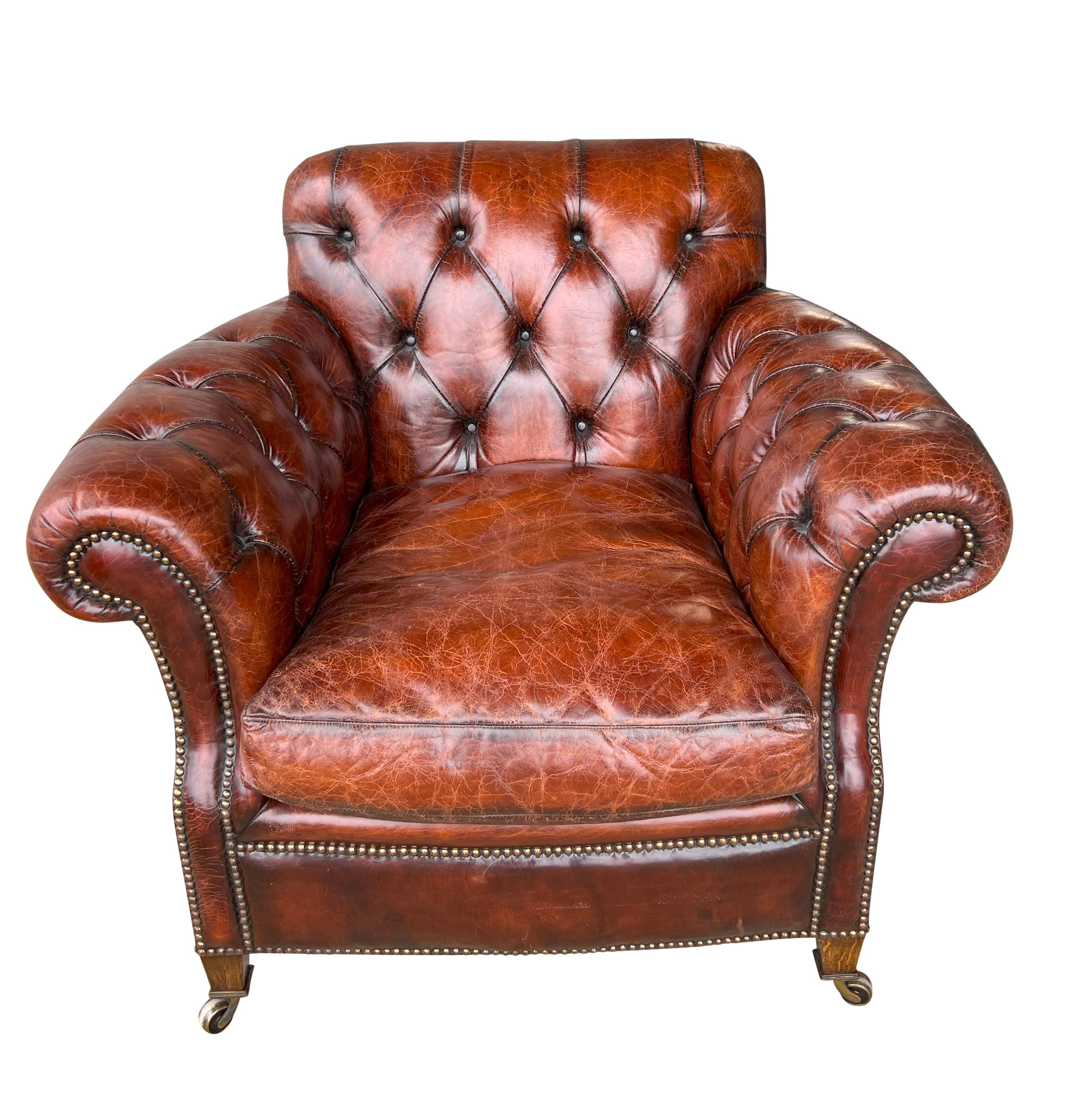 Mid-20th Century Pair Of Brown Leather Tufted Armchairs For Sale