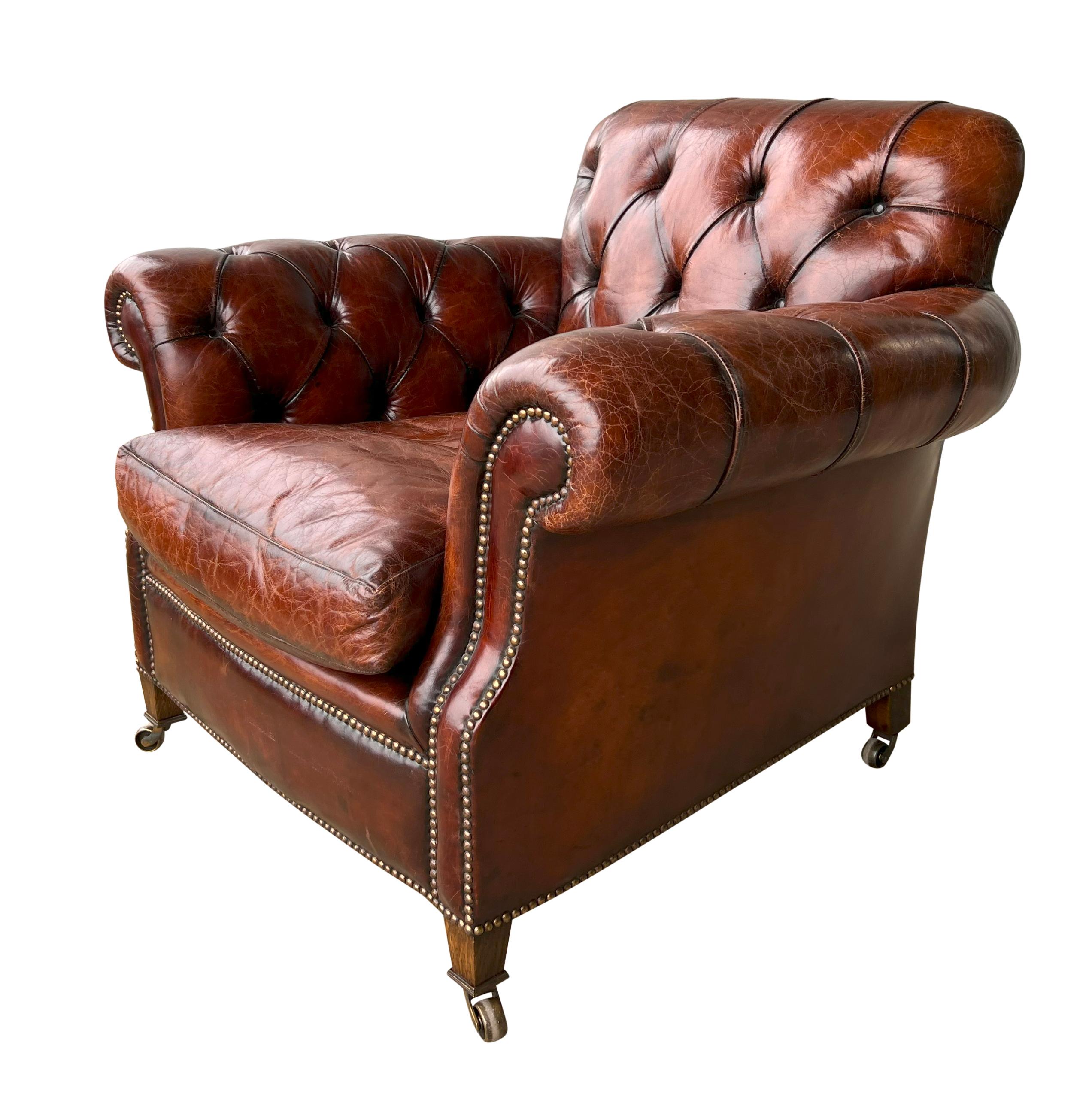 Pair Of Brown Leather Tufted Armchairs For Sale 1