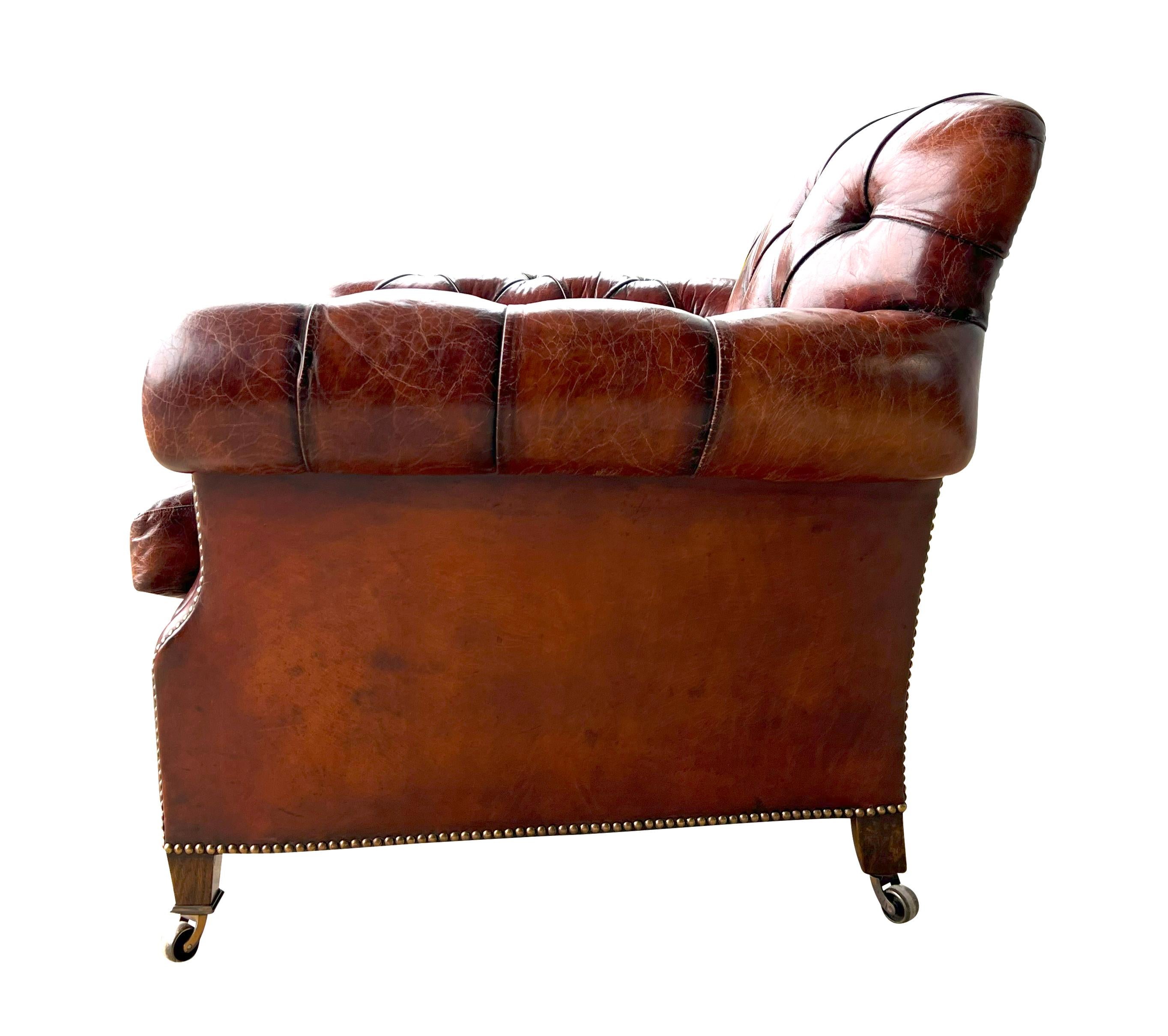 Pair Of Brown Leather Tufted Armchairs For Sale 2