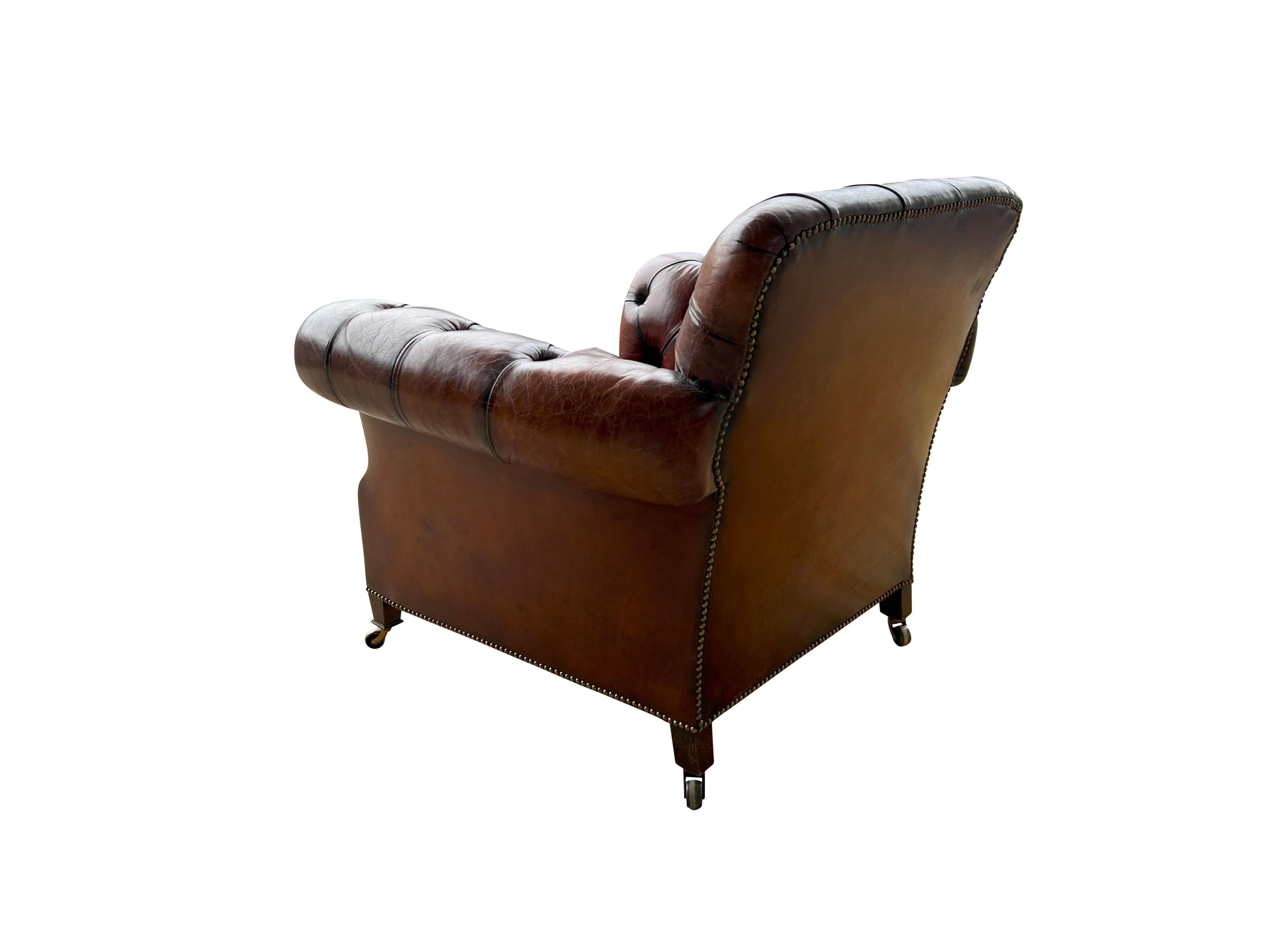 Pair Of Brown Leather Tufted Armchairs For Sale 3