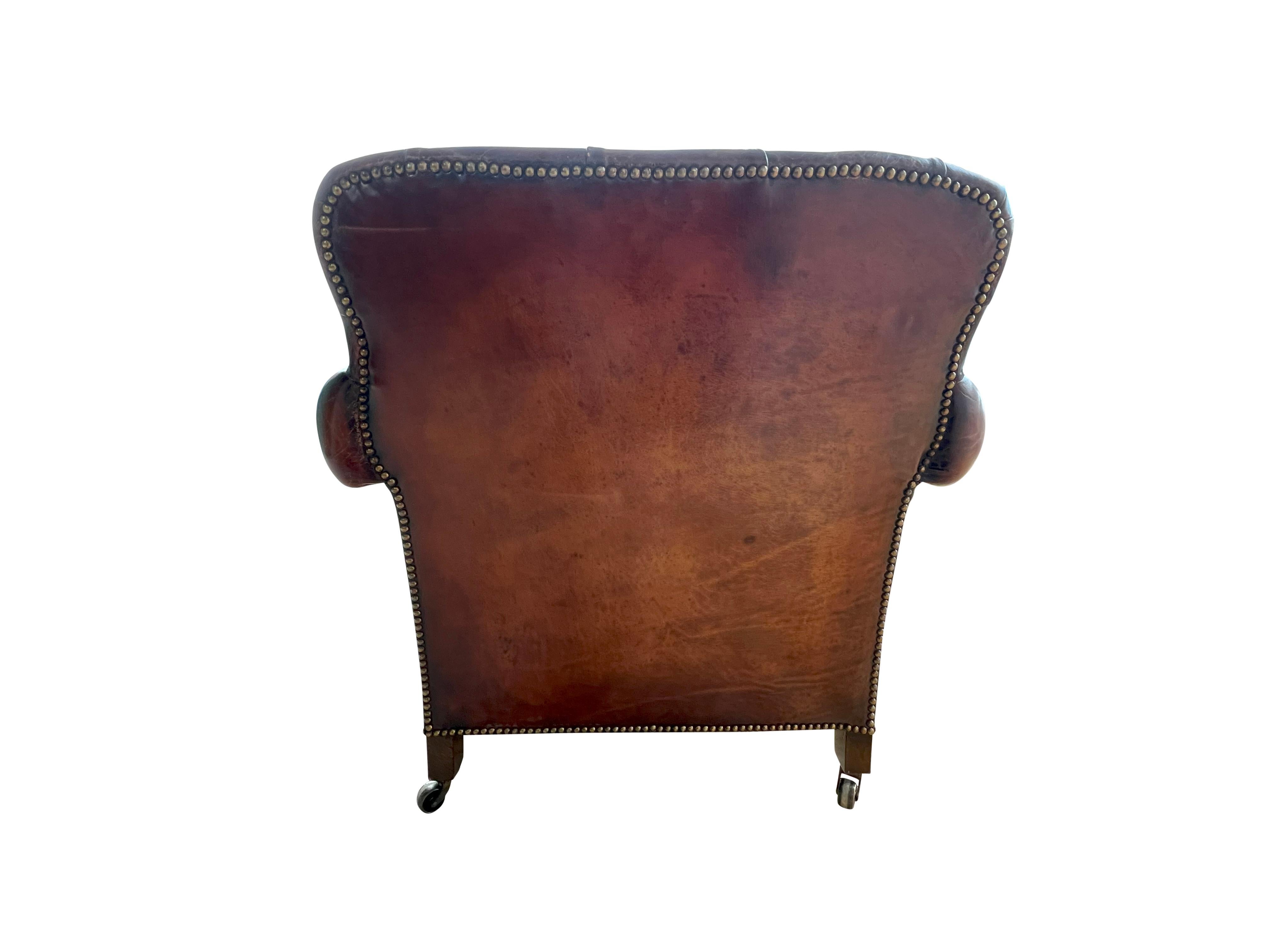 Pair Of Brown Leather Tufted Armchairs For Sale 4