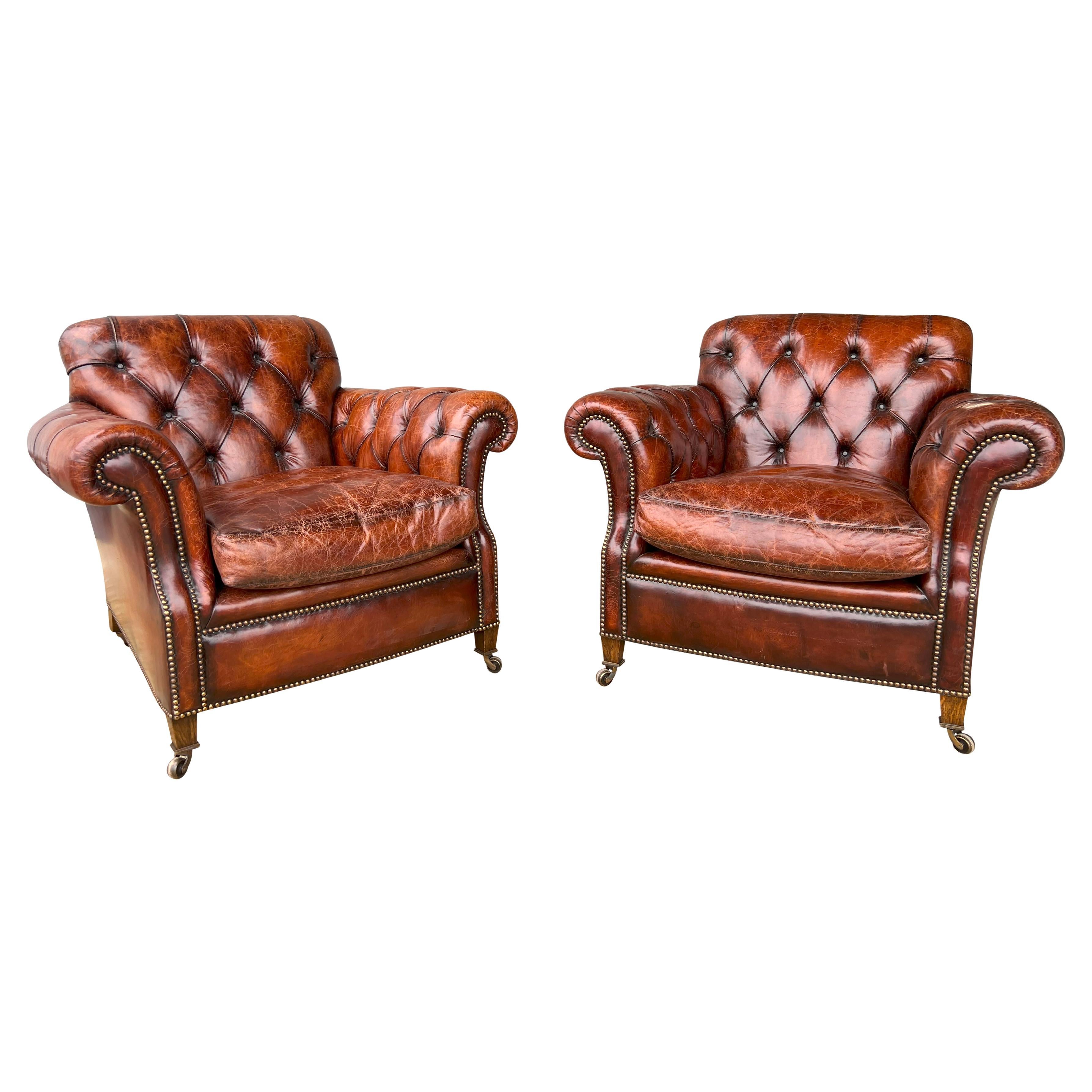 Pair Of Brown Leather Tufted Armchairs For Sale